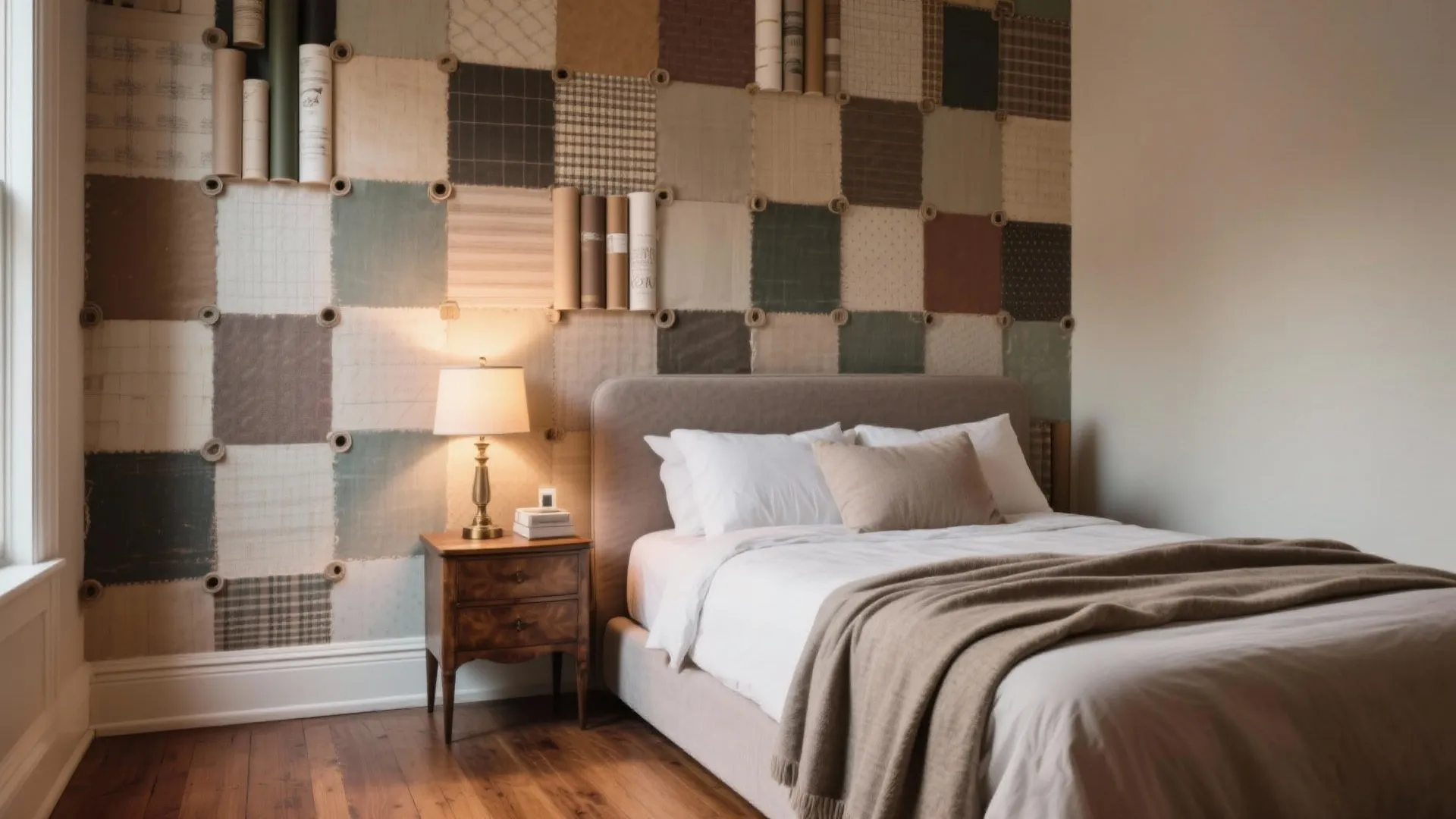 Cozy bedroom featuring a patchwork pattern wall, wooden bedside table, table lamp, and white bedding
