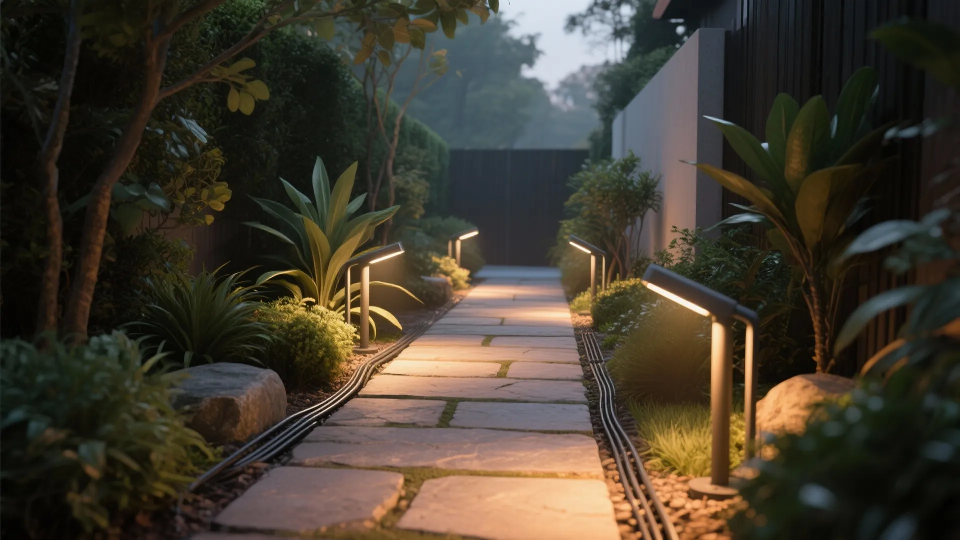 1. Layered lighting with path and accent fixtures