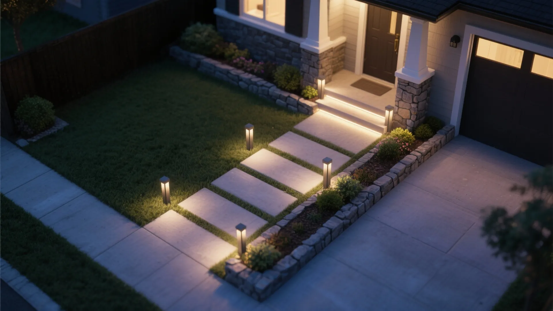 Top-down view showing zigzag path light placement and step LEDs on a compact stoop.