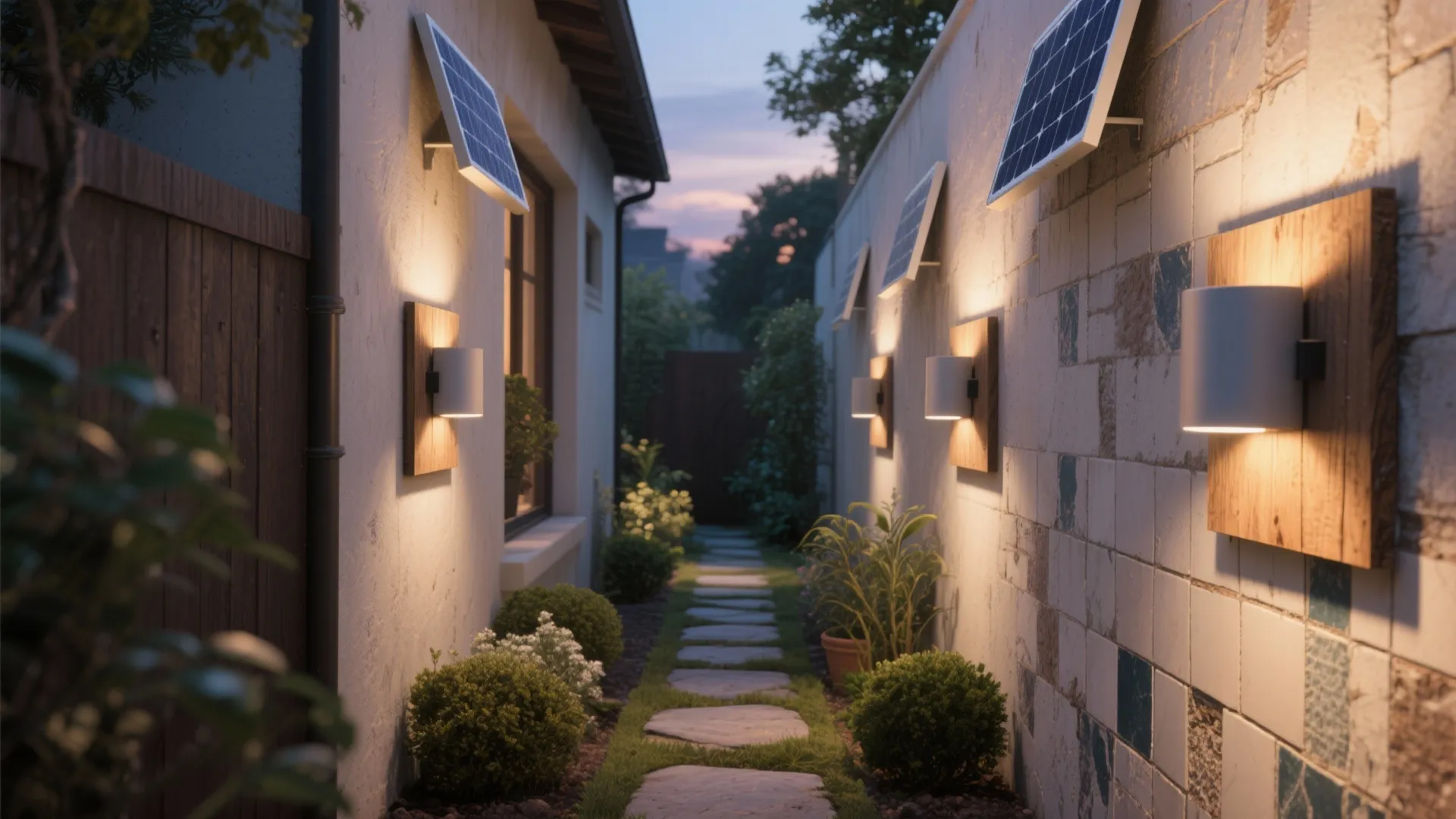 Narrow outdoor walkway with stone pavers wall lights on wood panels and solar panels above