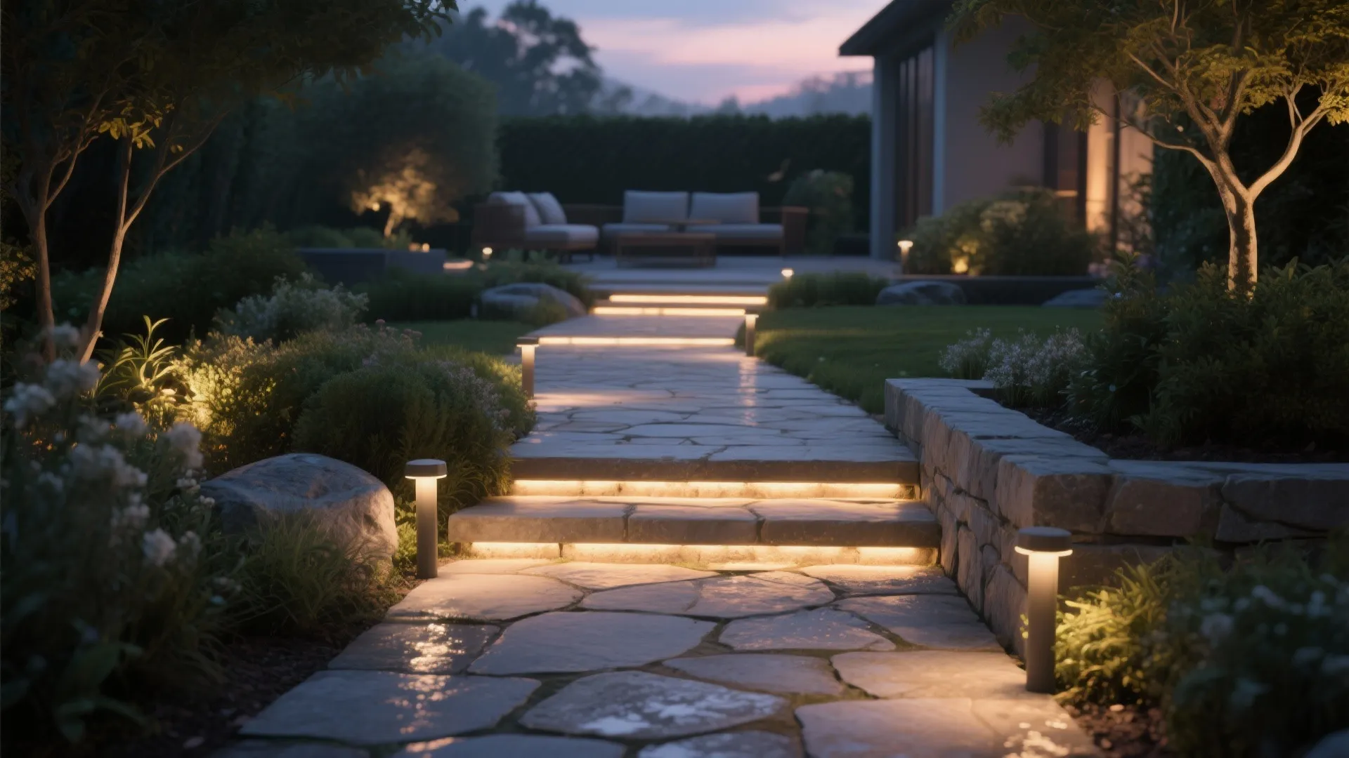 Stone path with warm lights on steps and small lamps leading to a garden sofa