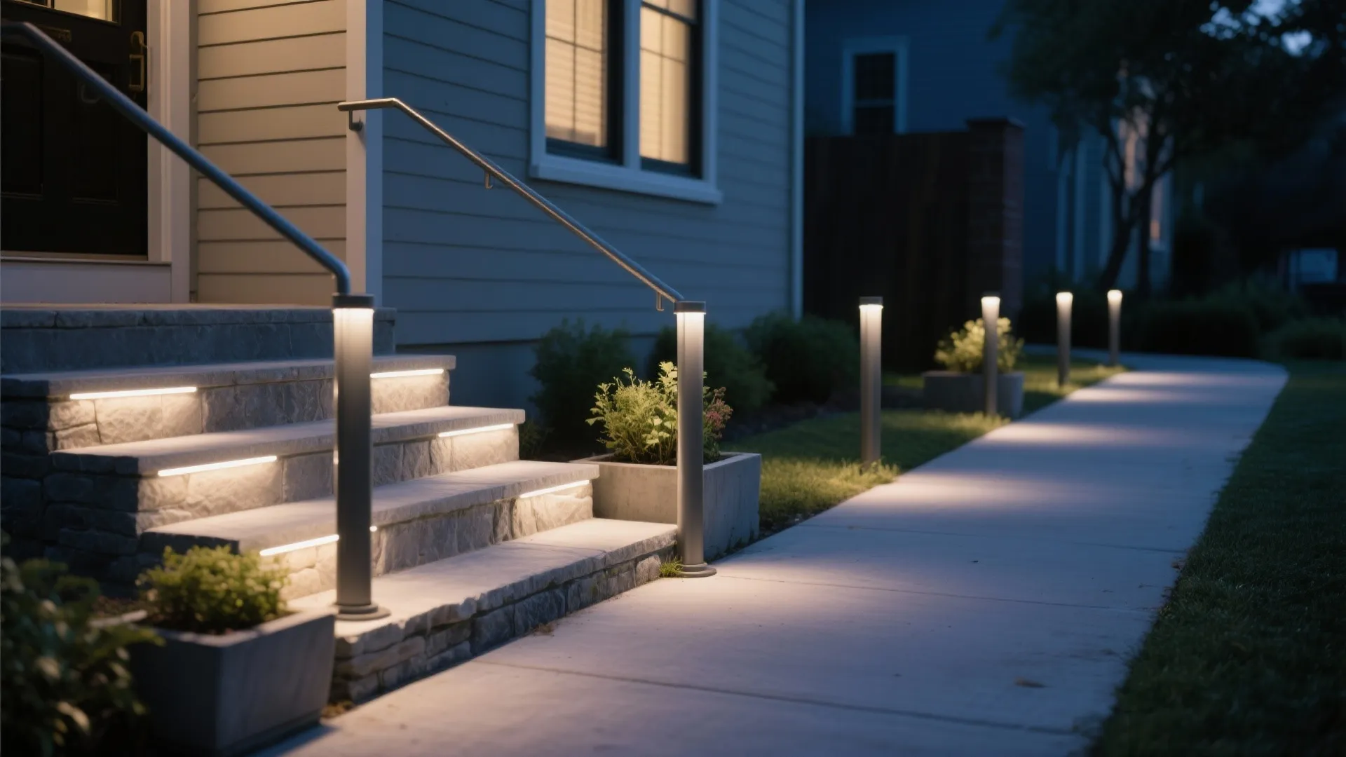 Narrow stoop with staggered bollard lights and low-glow step LEDs for safe wayfinding.