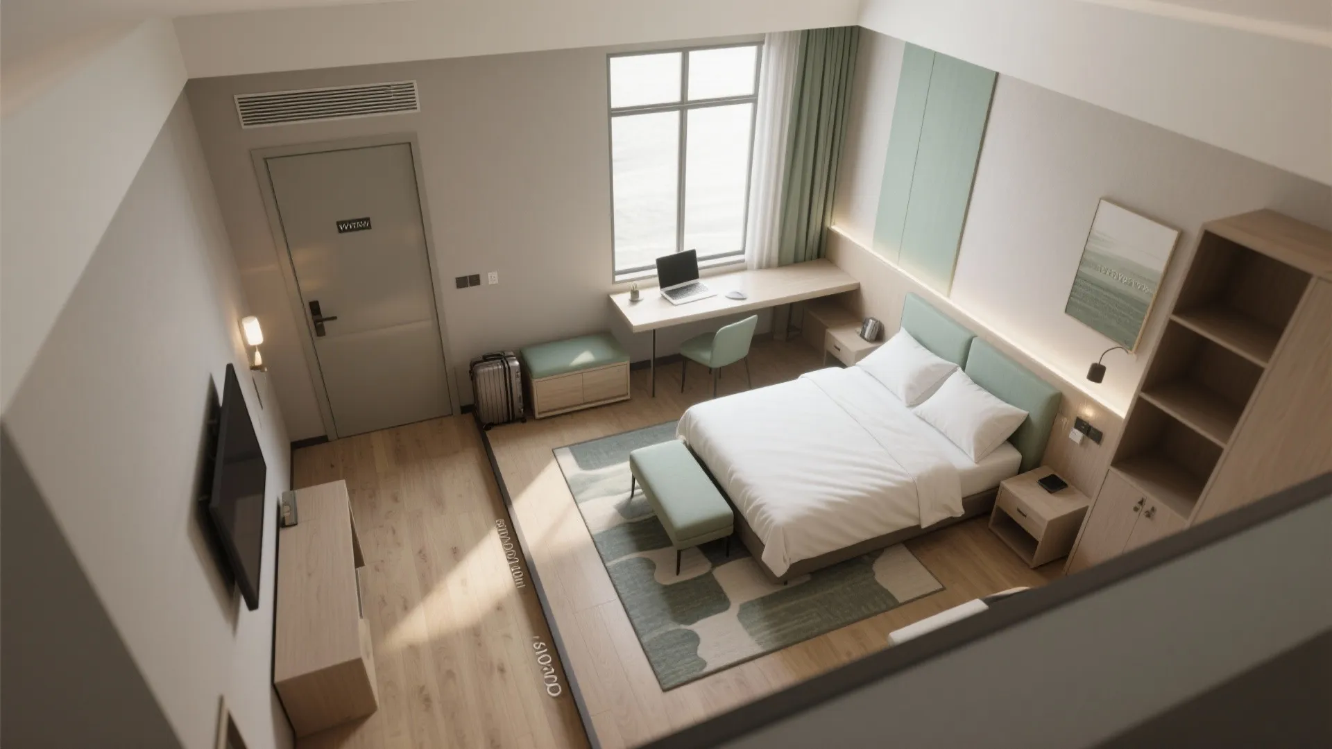 Top down interior design drawing of a modern bedroom with bed desk chair and wooden floor