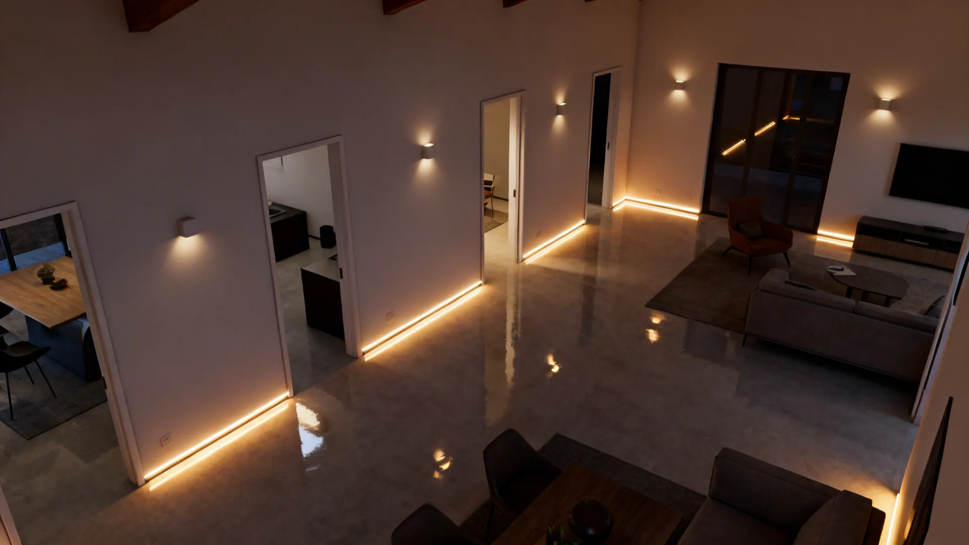 Modern hallway with warm floor strip lights wall lights polished floor and cozy home atmosphere