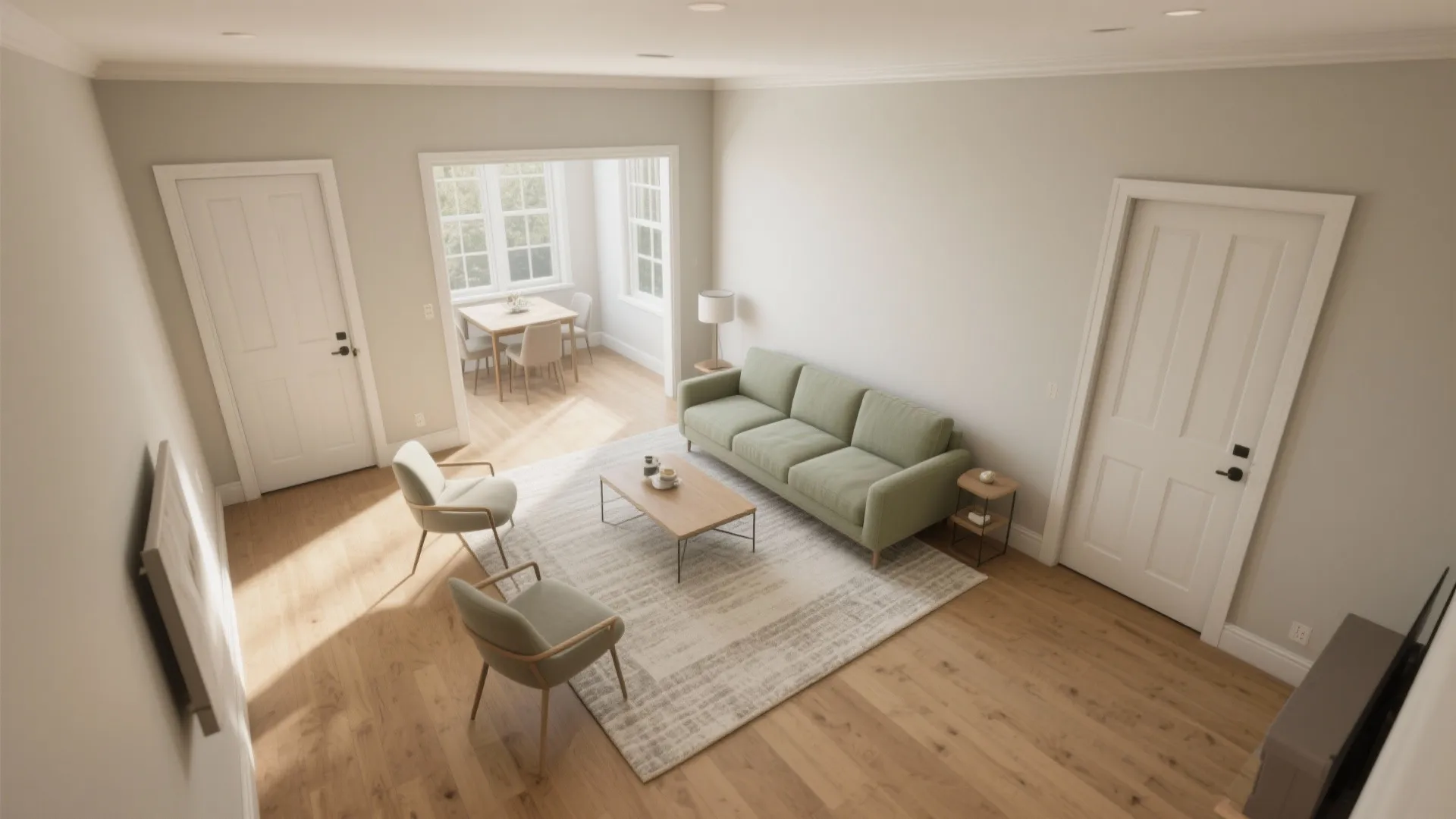 Modern living room with green sofa wooden floor and a small dining area in background