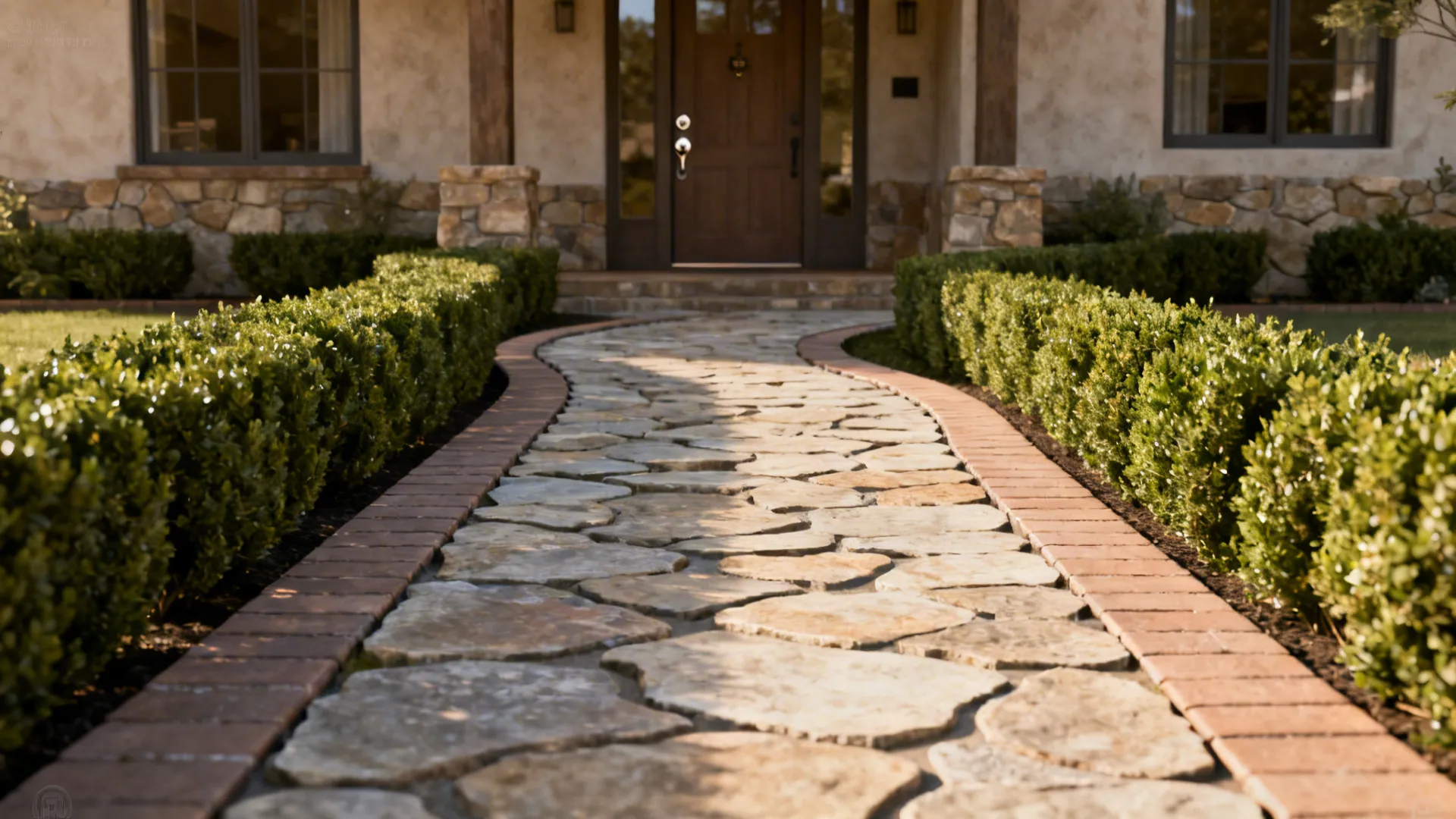 Meandering stone path and straight paver strip framed by low boxwood leading to a ranch entry.