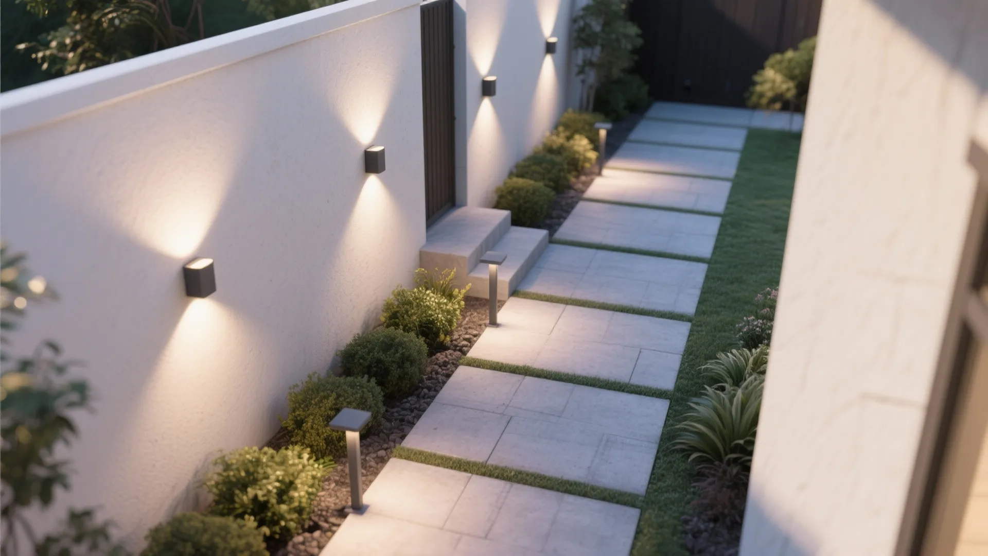 Modern outdoor garden stone path with wall lights and small green plants on white wall
