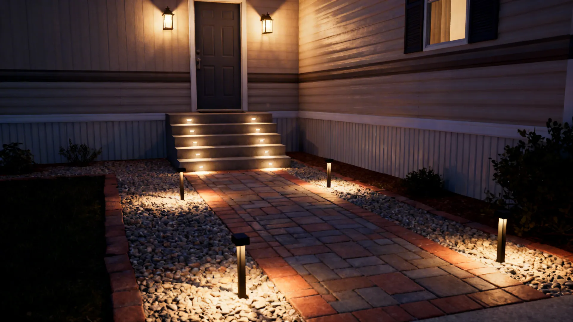 Pathway with pavers and layered lighting leading to a mobile home entrance at dusk.