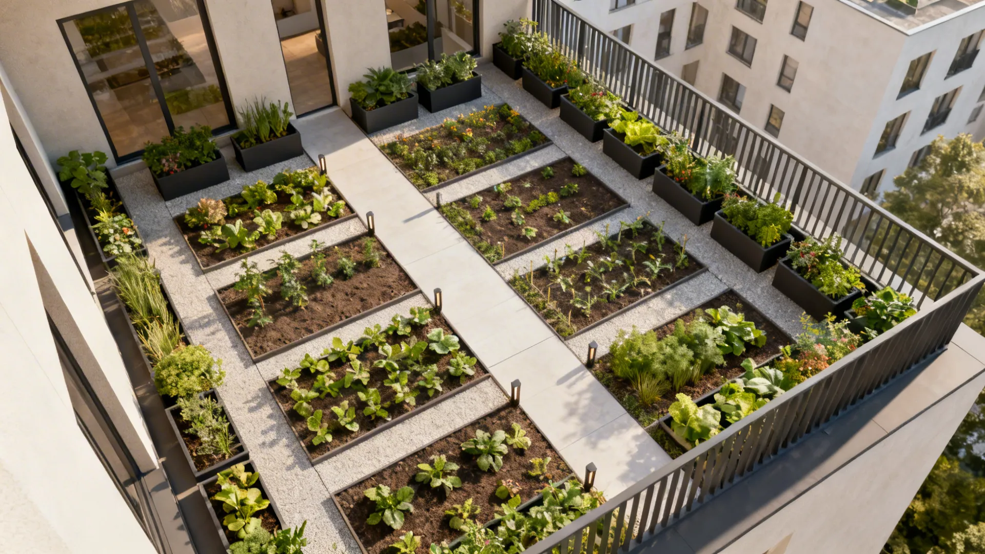 Top-down balcony plan with clear path and edible edge plantings organized for access.