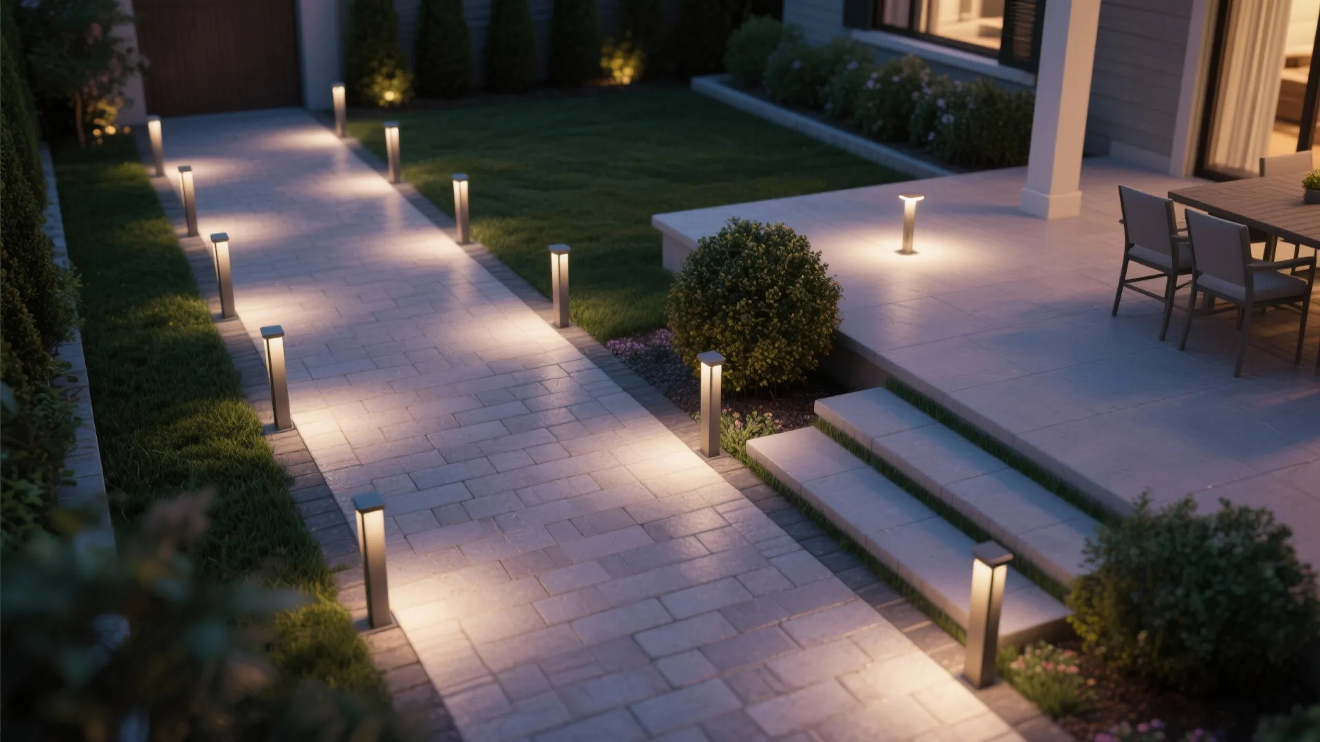 Paved garden path with evenly spaced bollard lights and recessed step lights forming a welcoming rhythm.