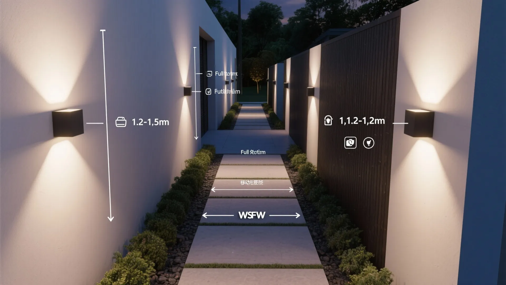 Top-down view showing pathway sconce spacing and overlapping downlight pools with minimal spill.