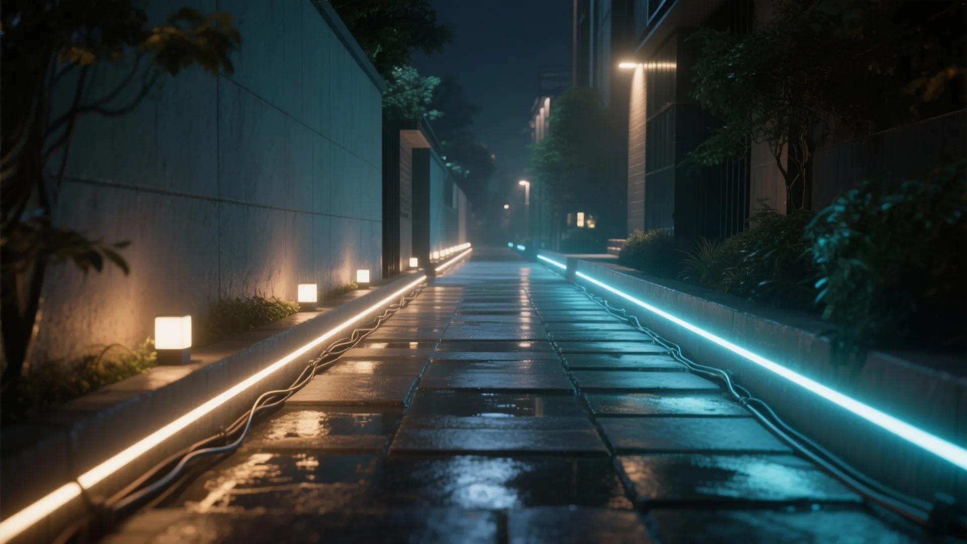 Modern outdoor pathway at night with warm square floor lights and blue glowing line light borders