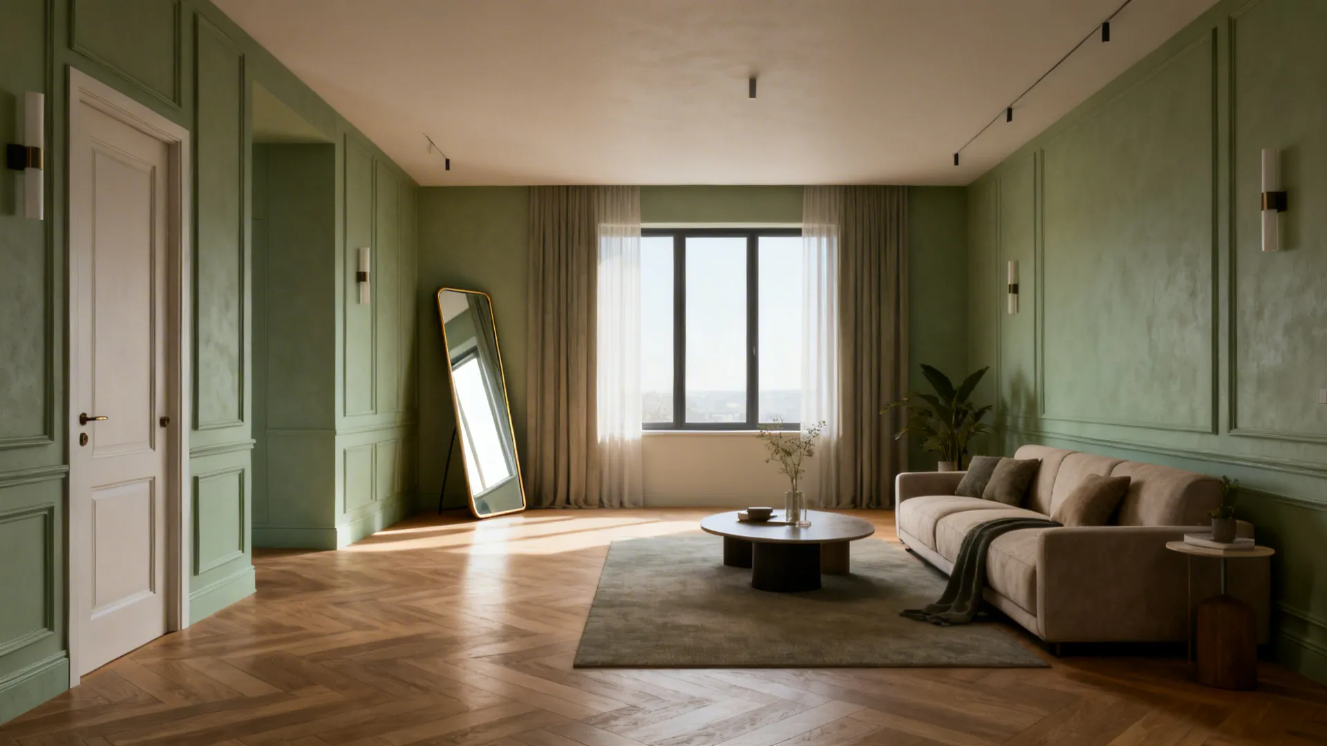 Living room with clear pathways and an angled mirror near a window, reflecting natural light without facing the door.