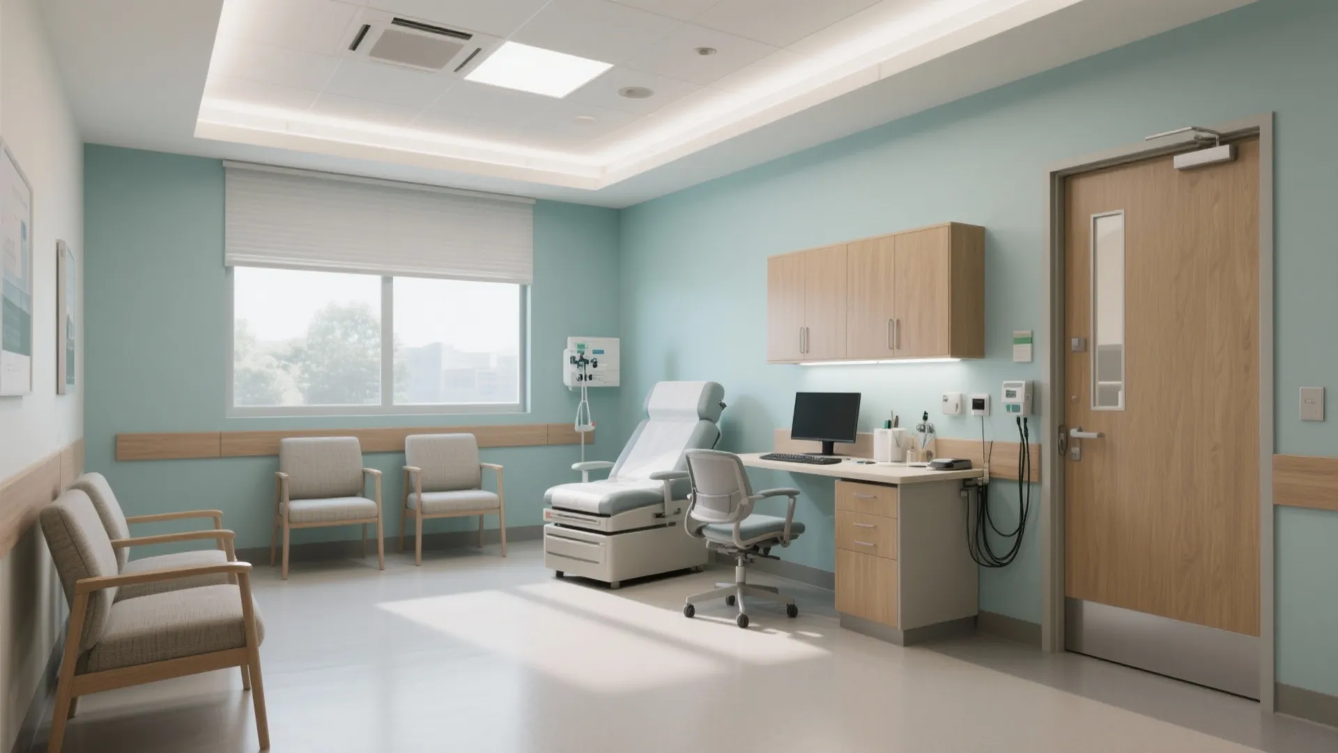 Modern medical exam room featuring blue walls wooden cabinets a desk chair and white ceiling light