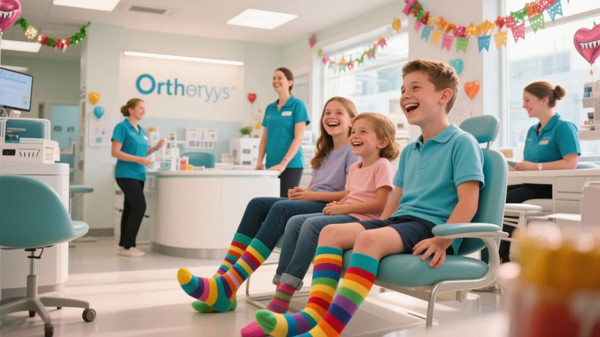 Three happy children wearing rainbow socks sitting on blue chairs in a bright dental clinic