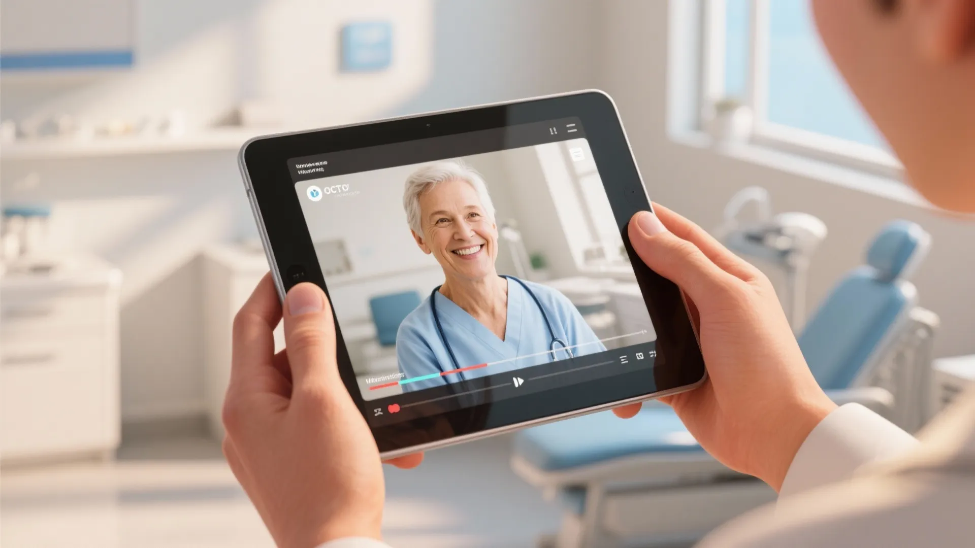 A person holding a tablet computer showing a testimonial video of a smiling senior doctor