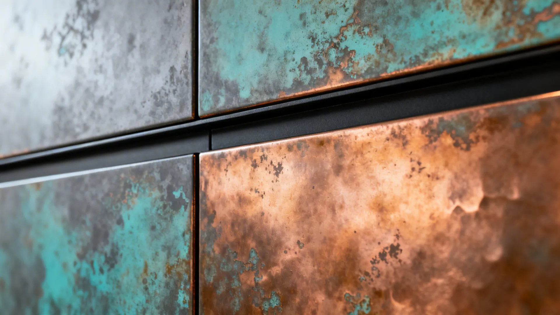 Macro of patinated copper with teal and charcoal blooms and steel edge frame.