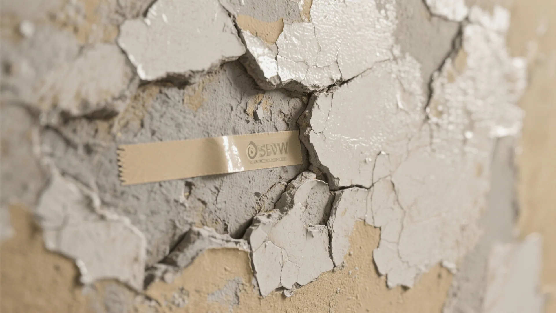 Close up of cracked and peeling white wall paint with a piece of tan tape