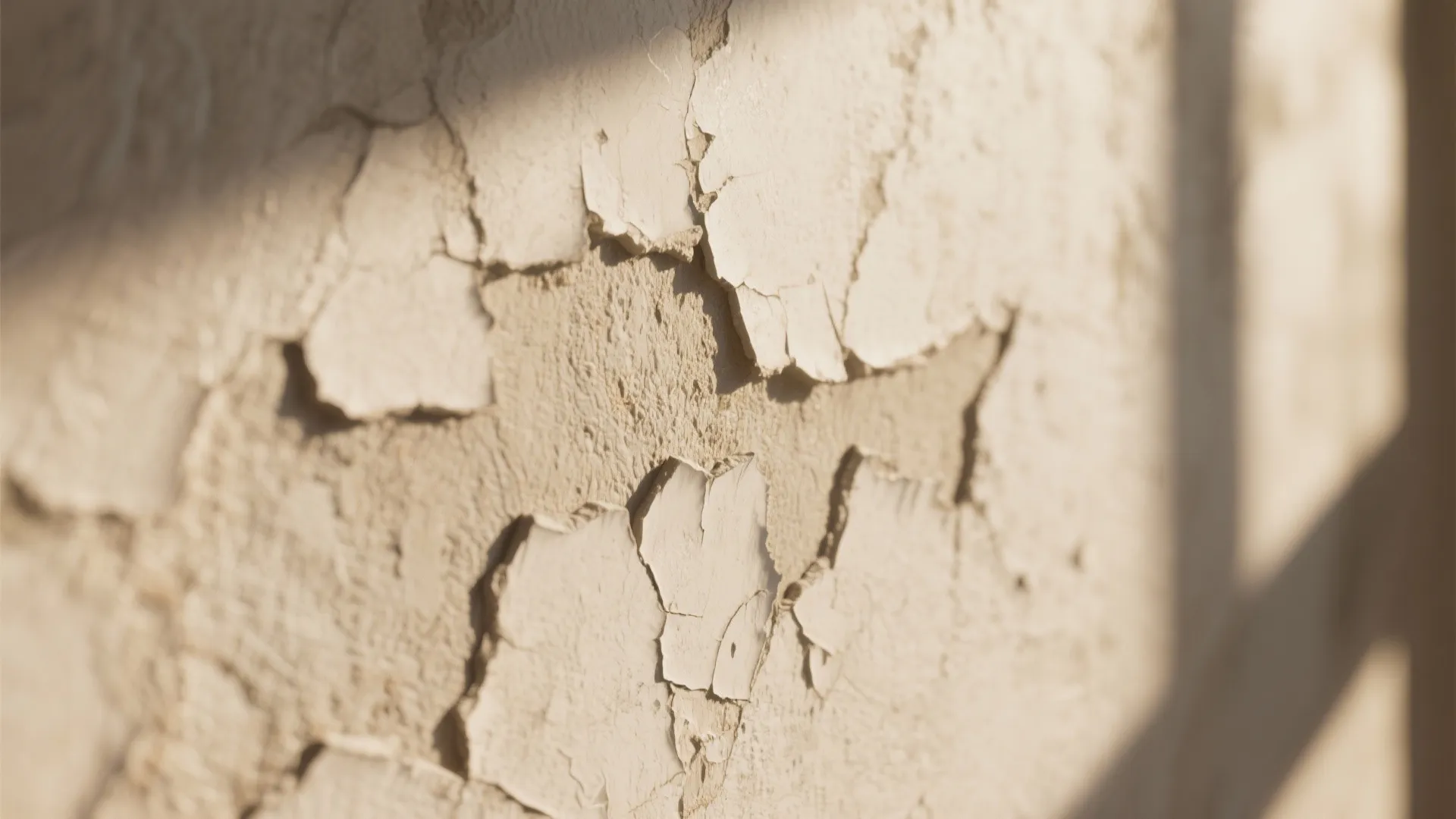 Macro view of preserved peeling paint used as a textured patina on a plaster wall.
