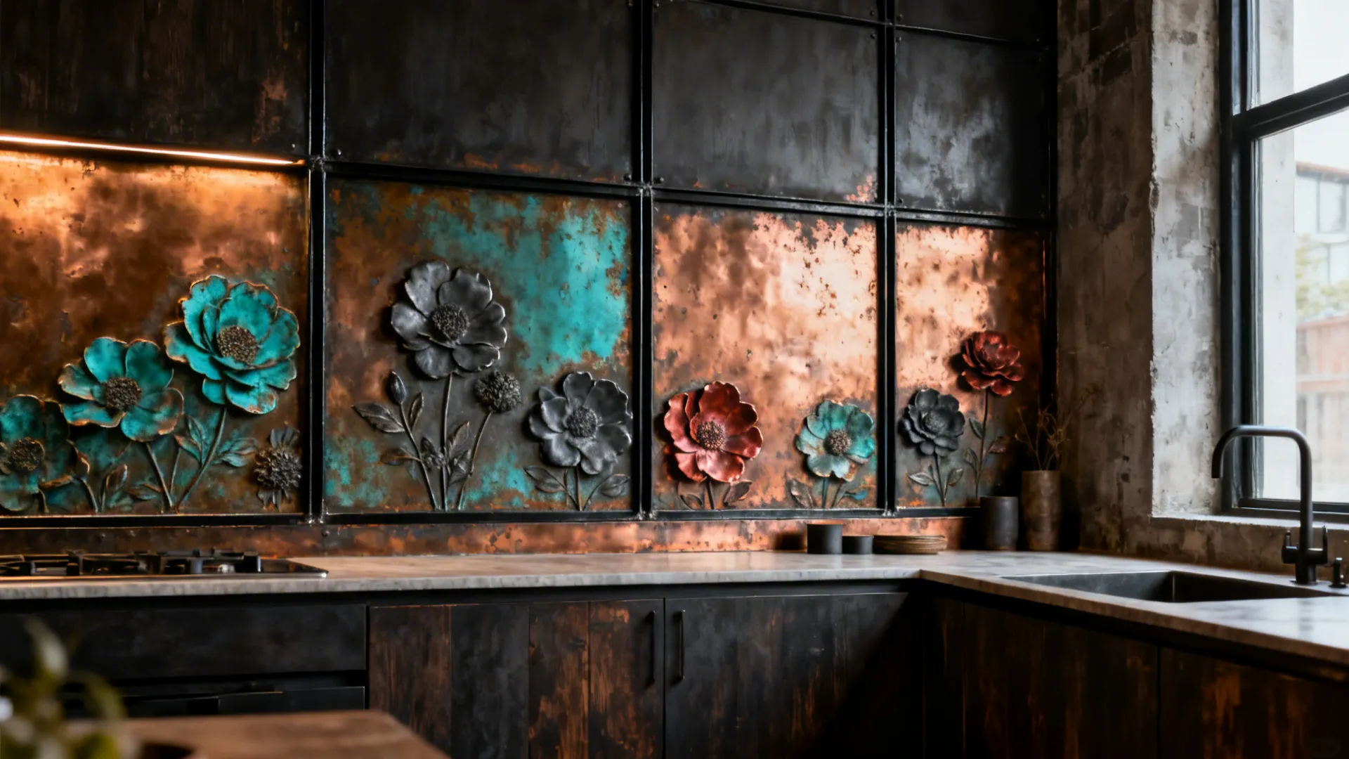 Loft kitchen with patinated copper backsplash framed in blackened steel.