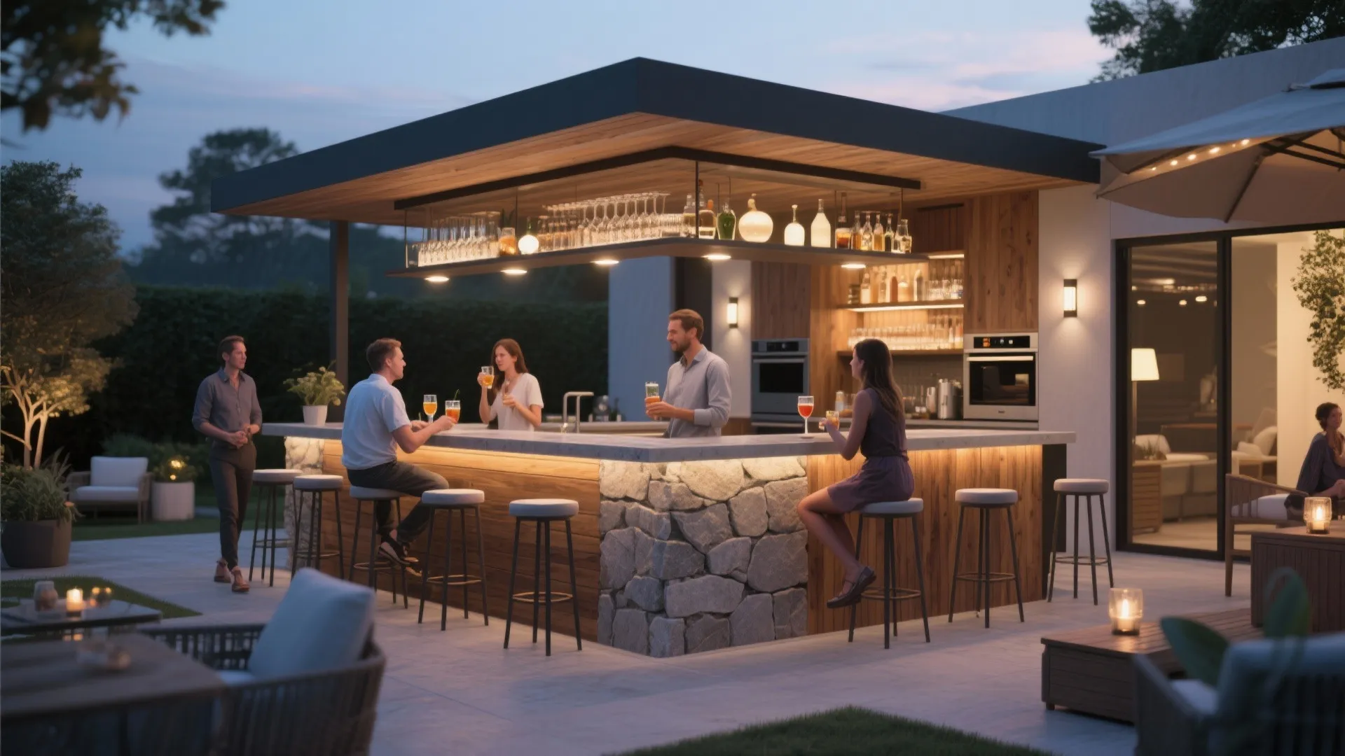 Modern outdoor bar at night with people sitting on stools under warm glow ceiling lights