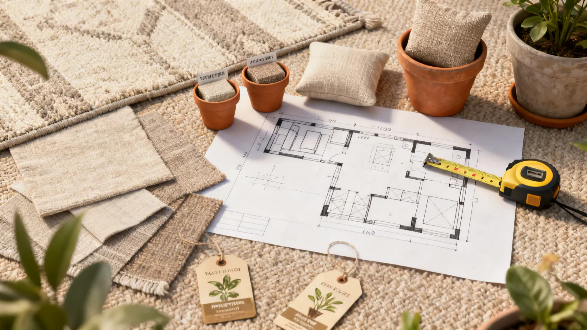 Interior design floor plan on rug with measuring tape fabric swatches small pots and tags
