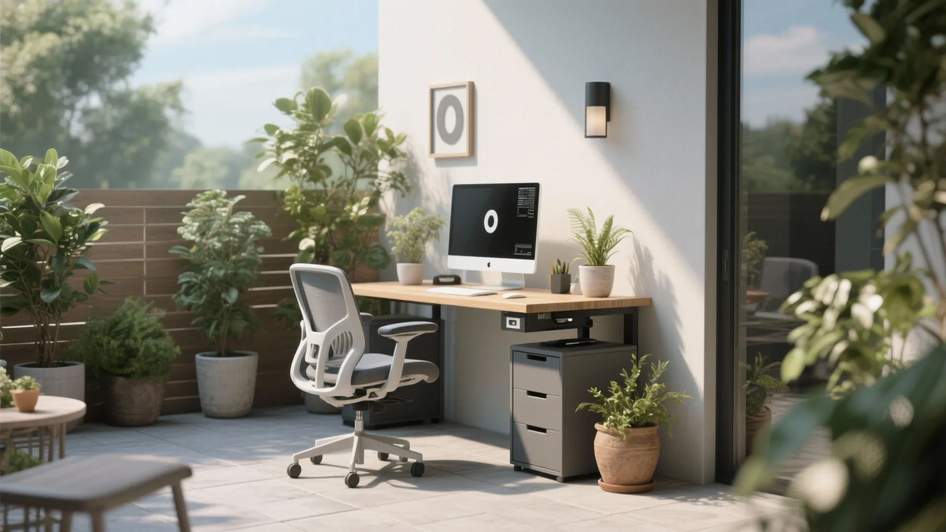 Outdoor patio desk nook with weatherproof desk and potted plants