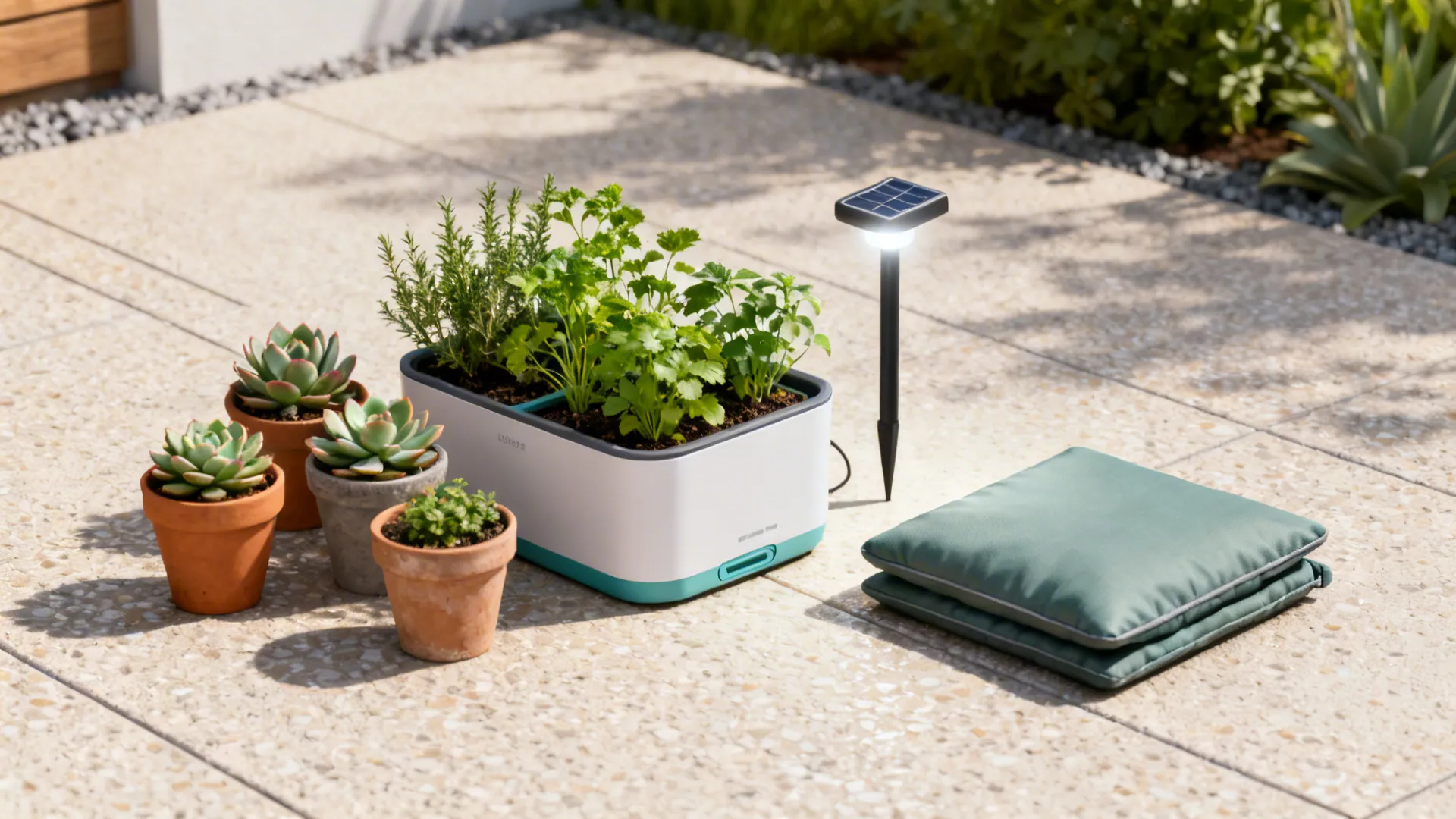 Potted succulents and green herbs in white planter on stone patio with two green cushions