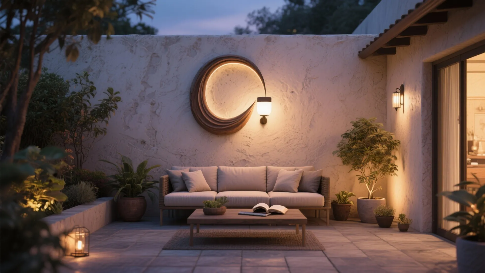 Outdoor patio with grey sofa coffee table moon wall light and potted plants at night