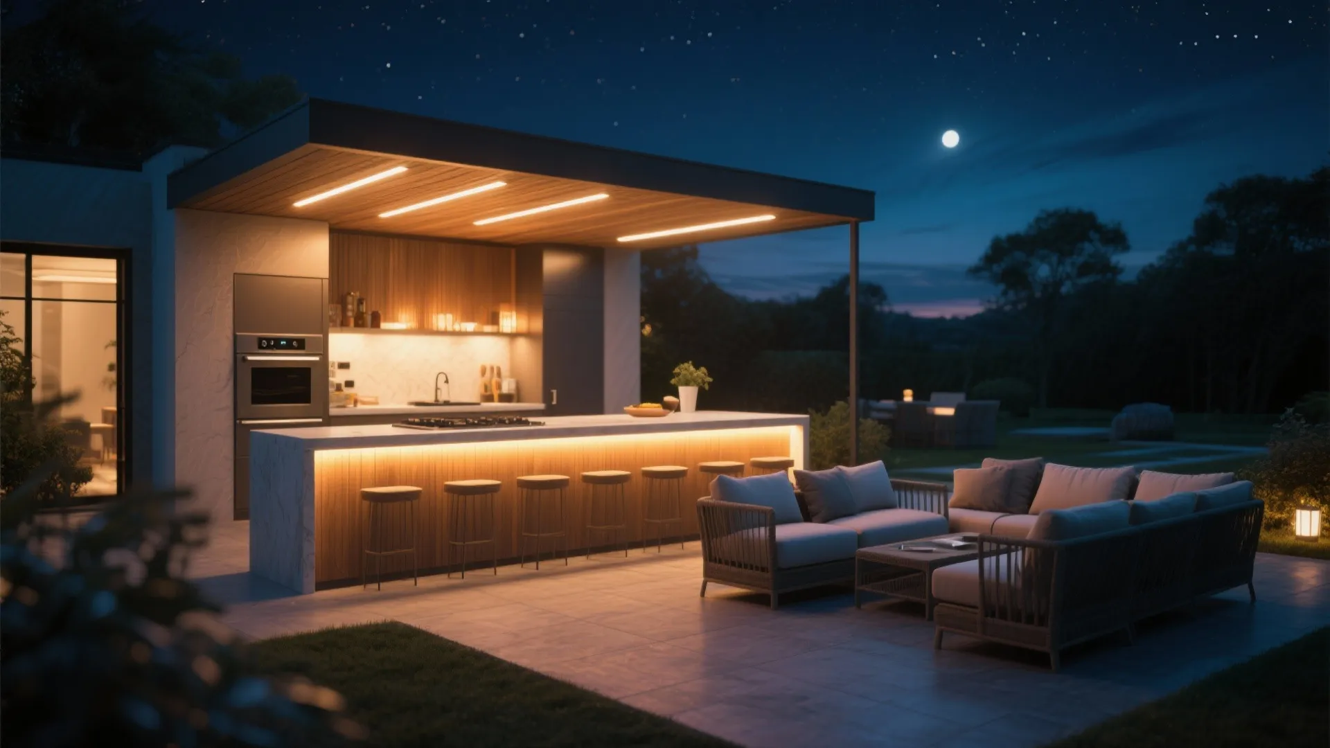 Luxury patio kitchen at night with warm ceiling lights sofa bar stools and marble counter