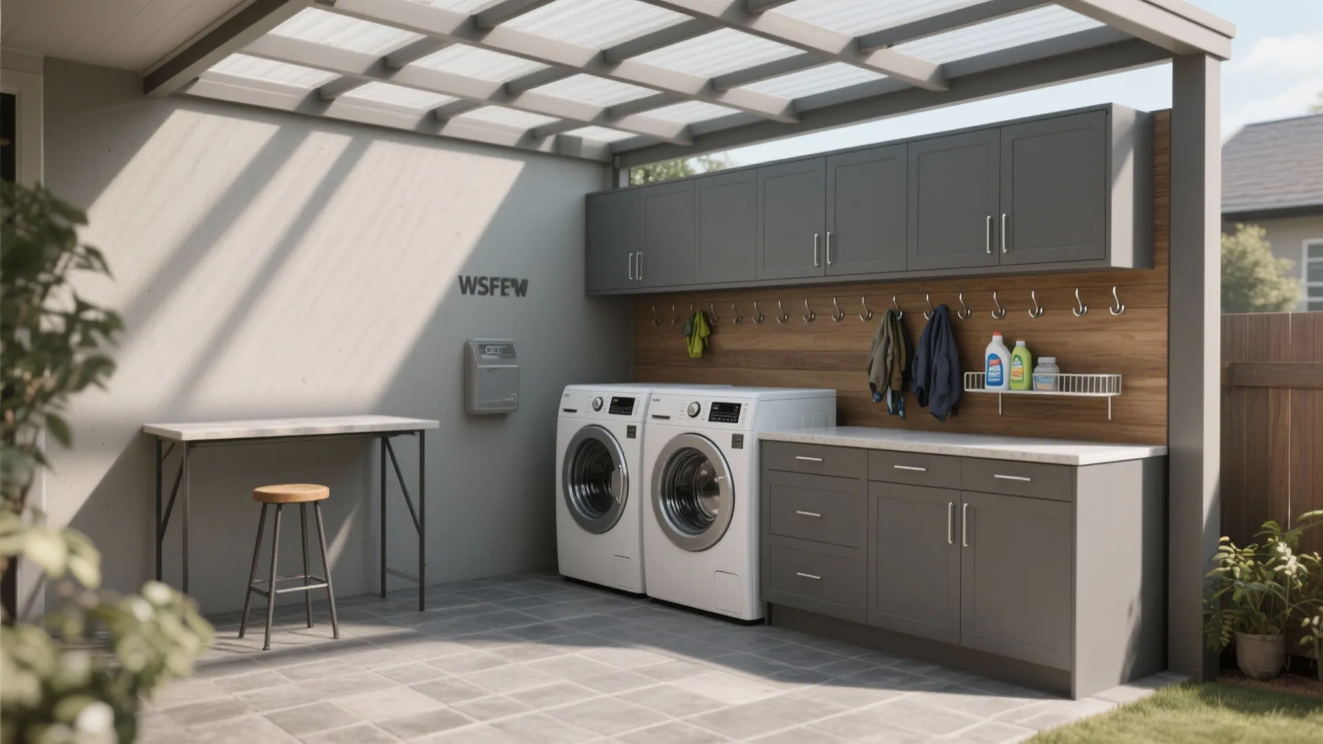 Outdoor laundry area with two white washing machines gray cabinets wood wall and clear roof