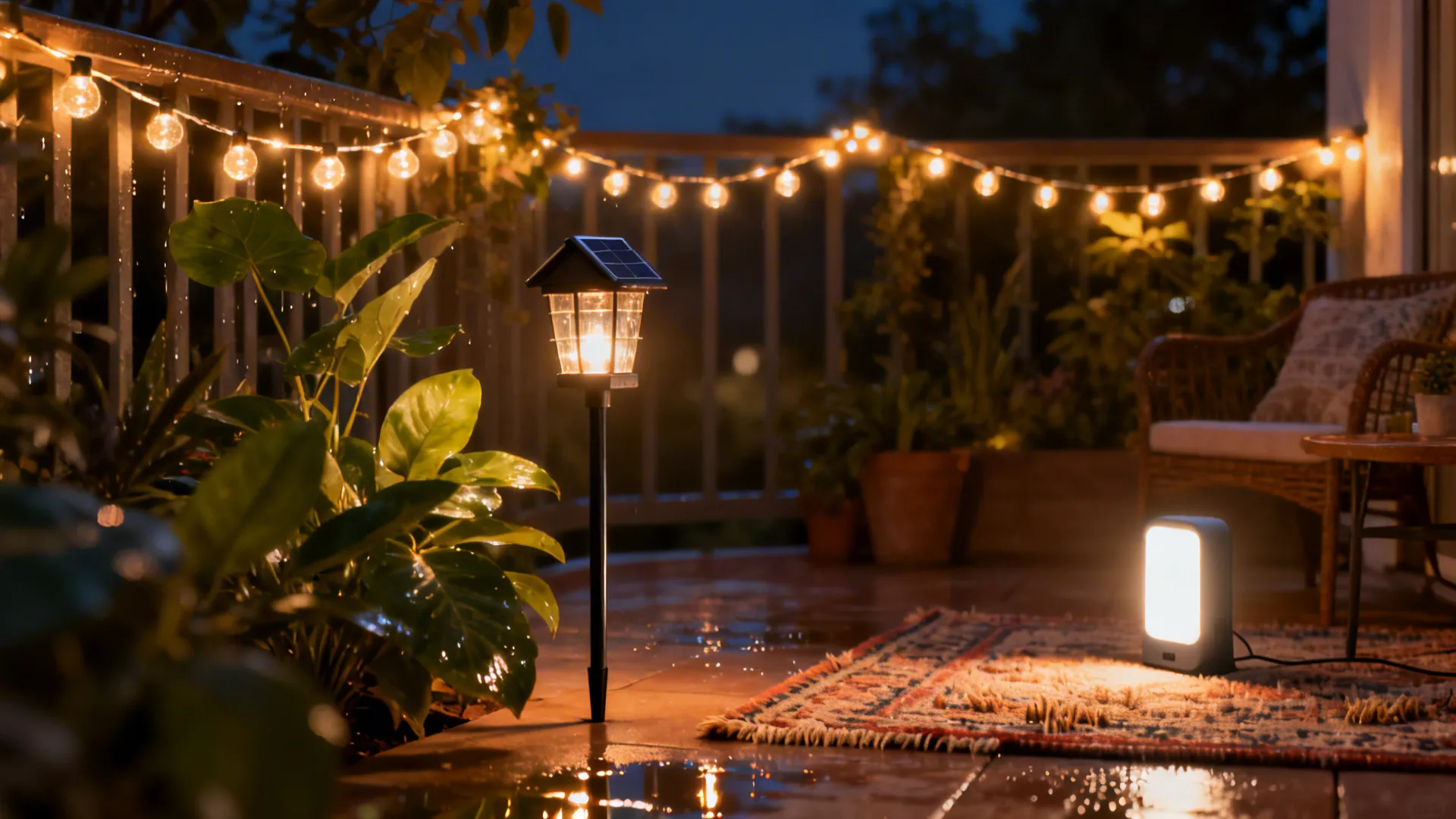 Night balcony view with string lights on the railing solar garden light and floor lamp