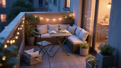 Cozy Balcony Design with String Lights & Wicker Furniture