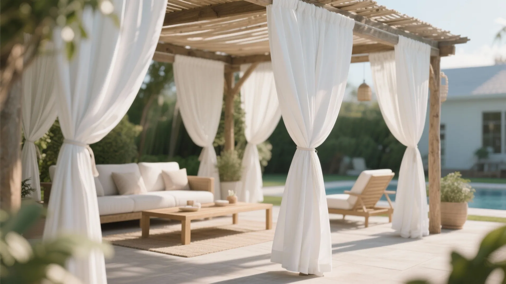 Outdoor patio with flowing white weatherproof curtains