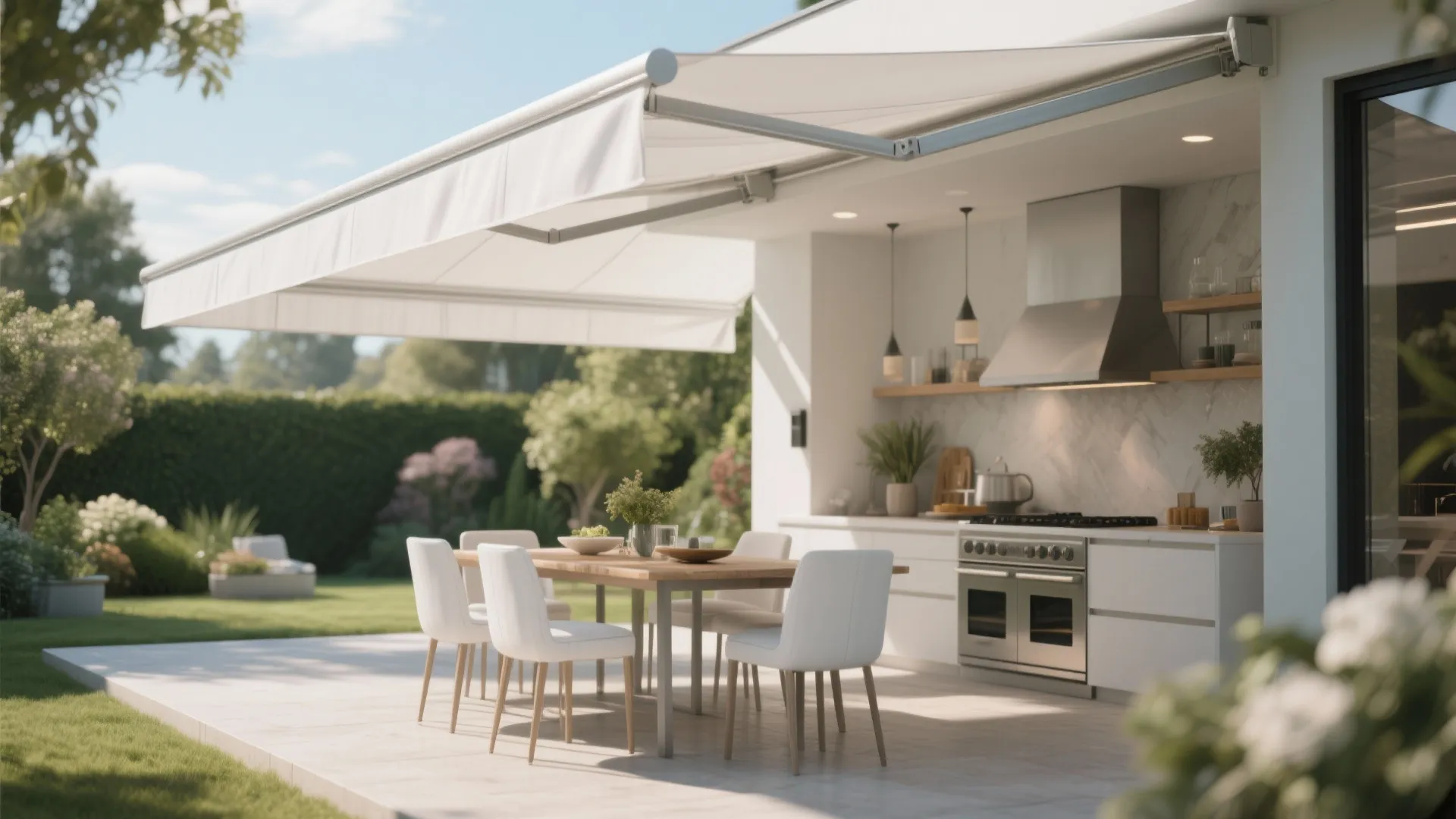 White retractable sun shade covering outdoor dining table chairs and kitchen on a sunny garden patio