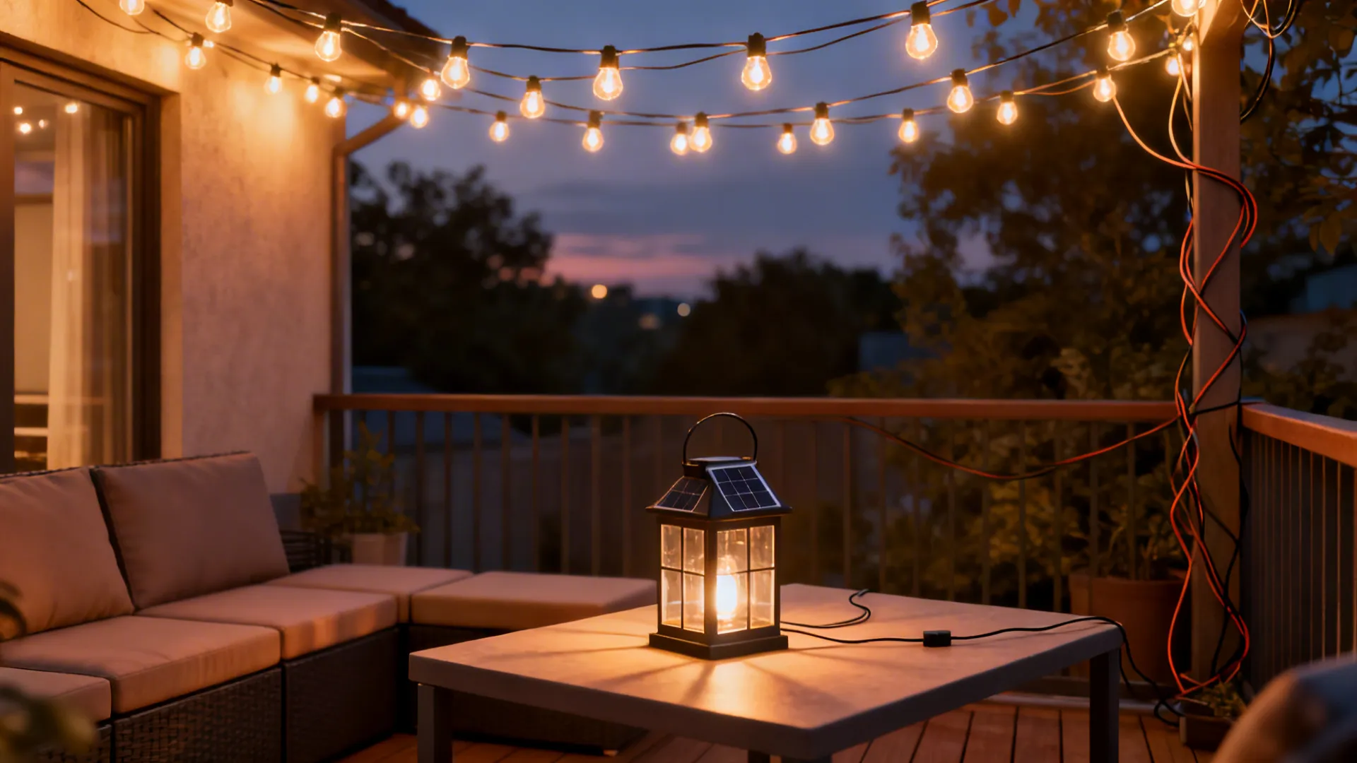 Cozy small patio at dusk with warm LED string lights and a solar lantern