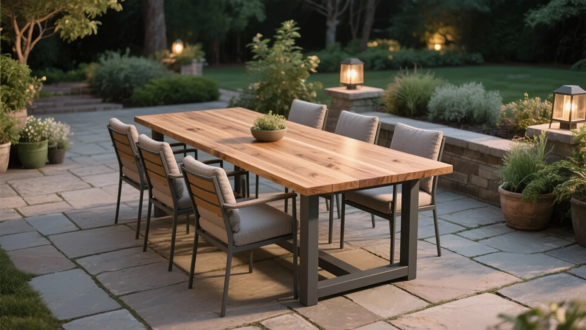 Outdoor dining area with wooden table, grey chairs, stone floor, garden plants, and warm lights