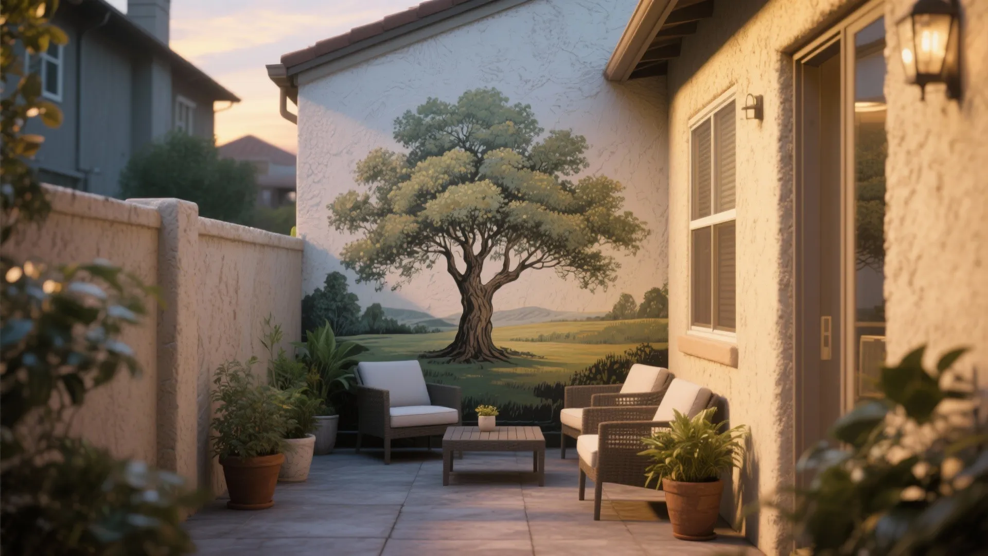 Idea 5: Outdoor-Facing Tree Mural for Small Patios