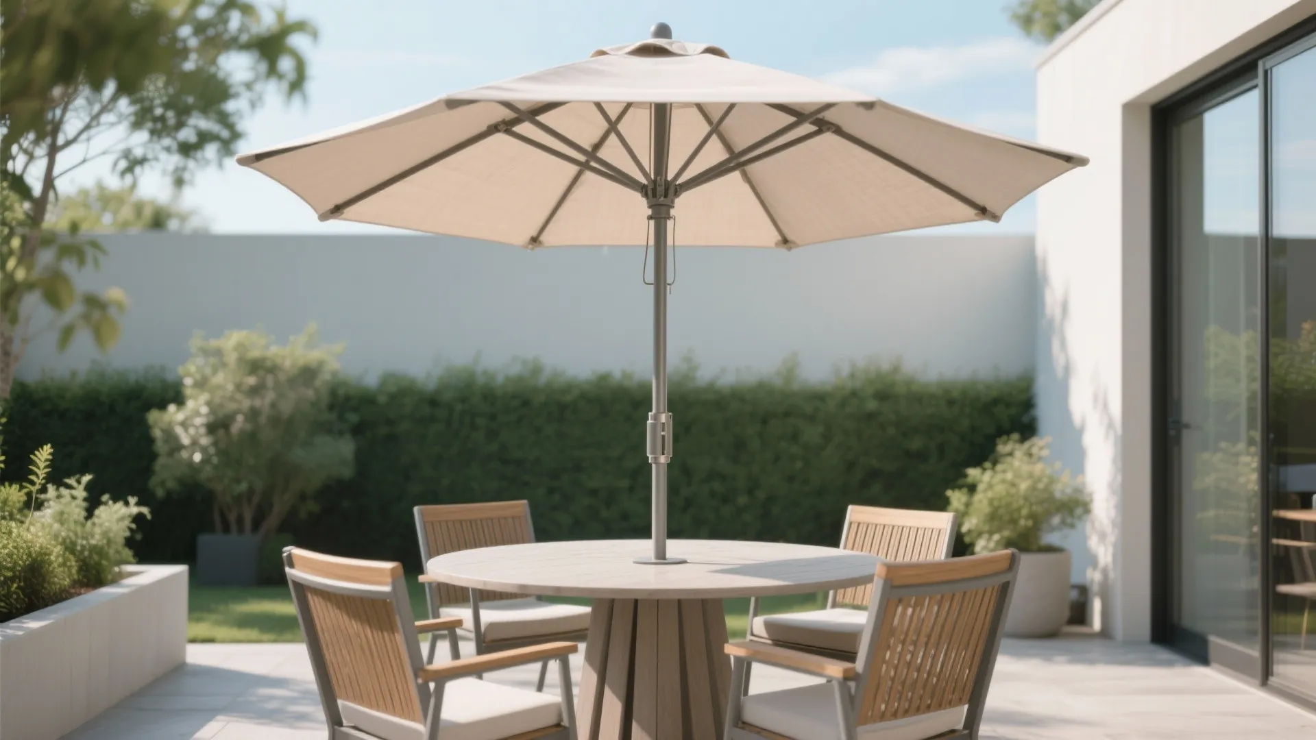 Large beige patio umbrella shading a round wooden table and four chairs in a garden