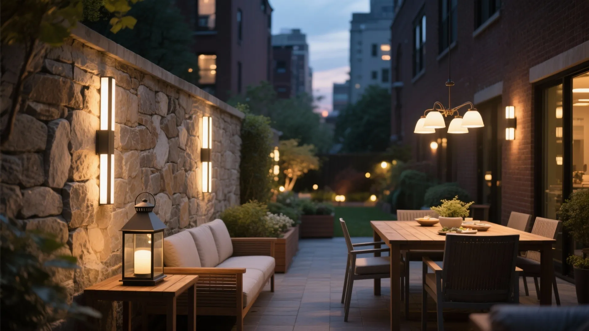Modern outdoor patio with stone wall lights sofa wooden dining table and garden at night