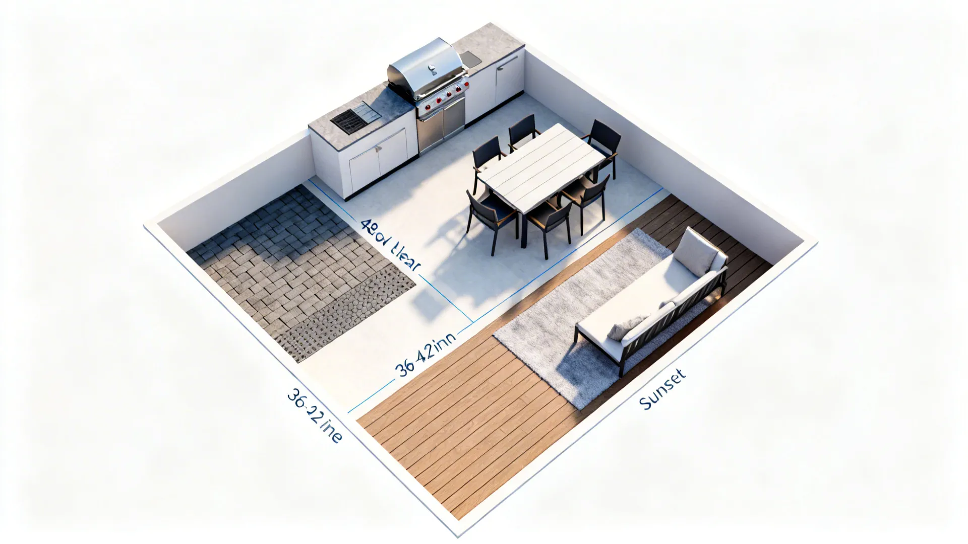 Multi-zone patio planning: cook, dine, and lounge