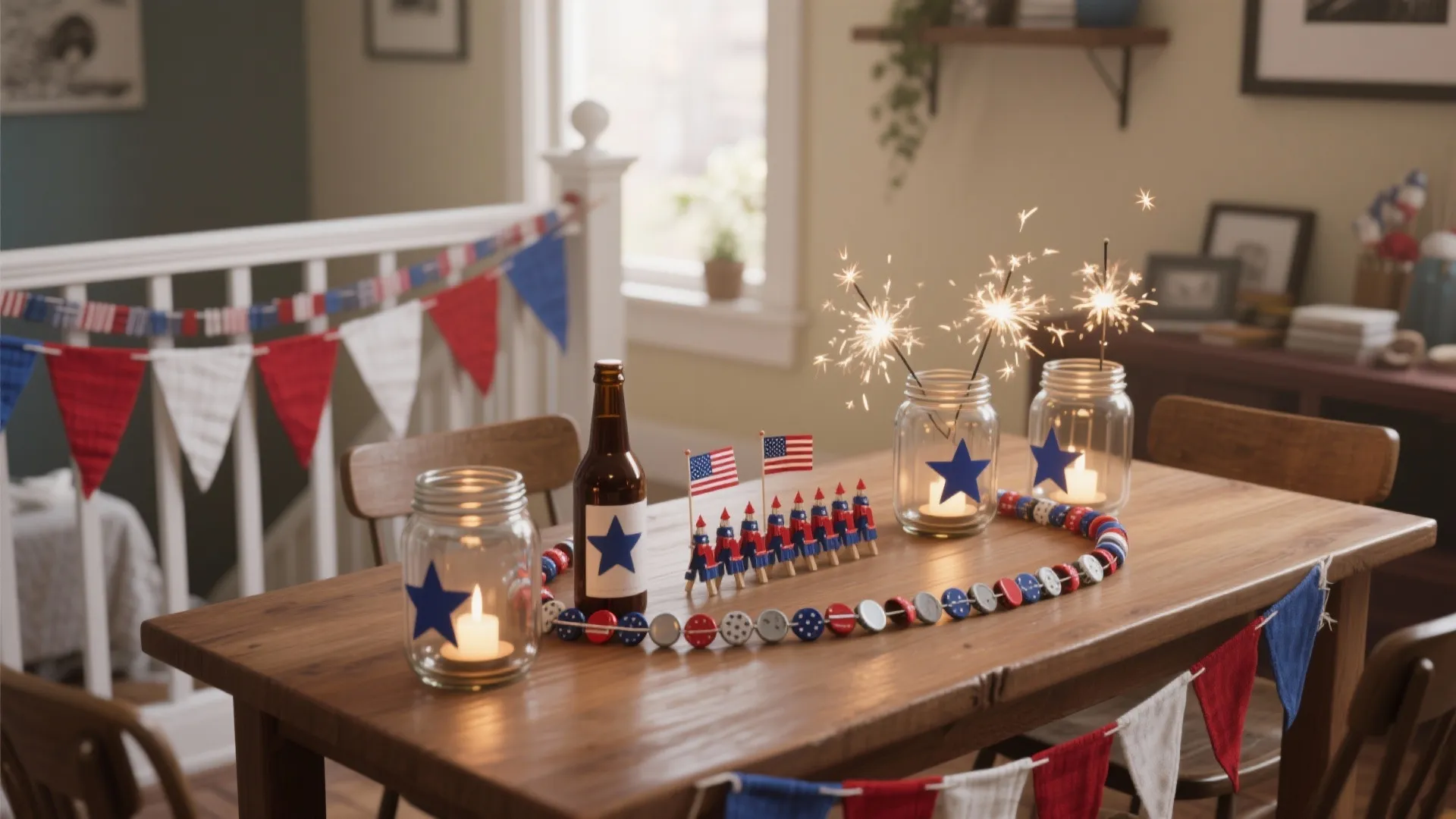 Dining table decorated with glass jar candles sparklers patriotic flags and red white blue banners