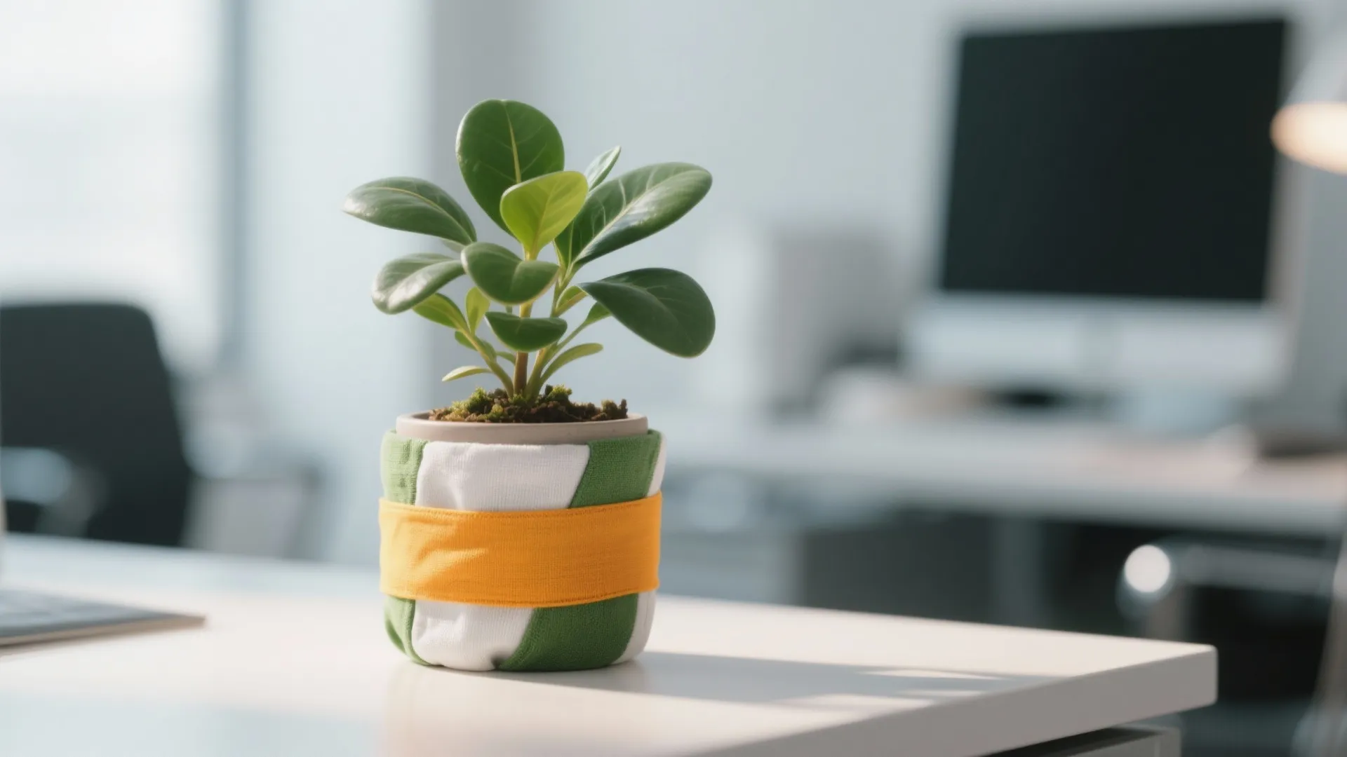 Small green potted plant on a white desk with orange white and green fabric decoration