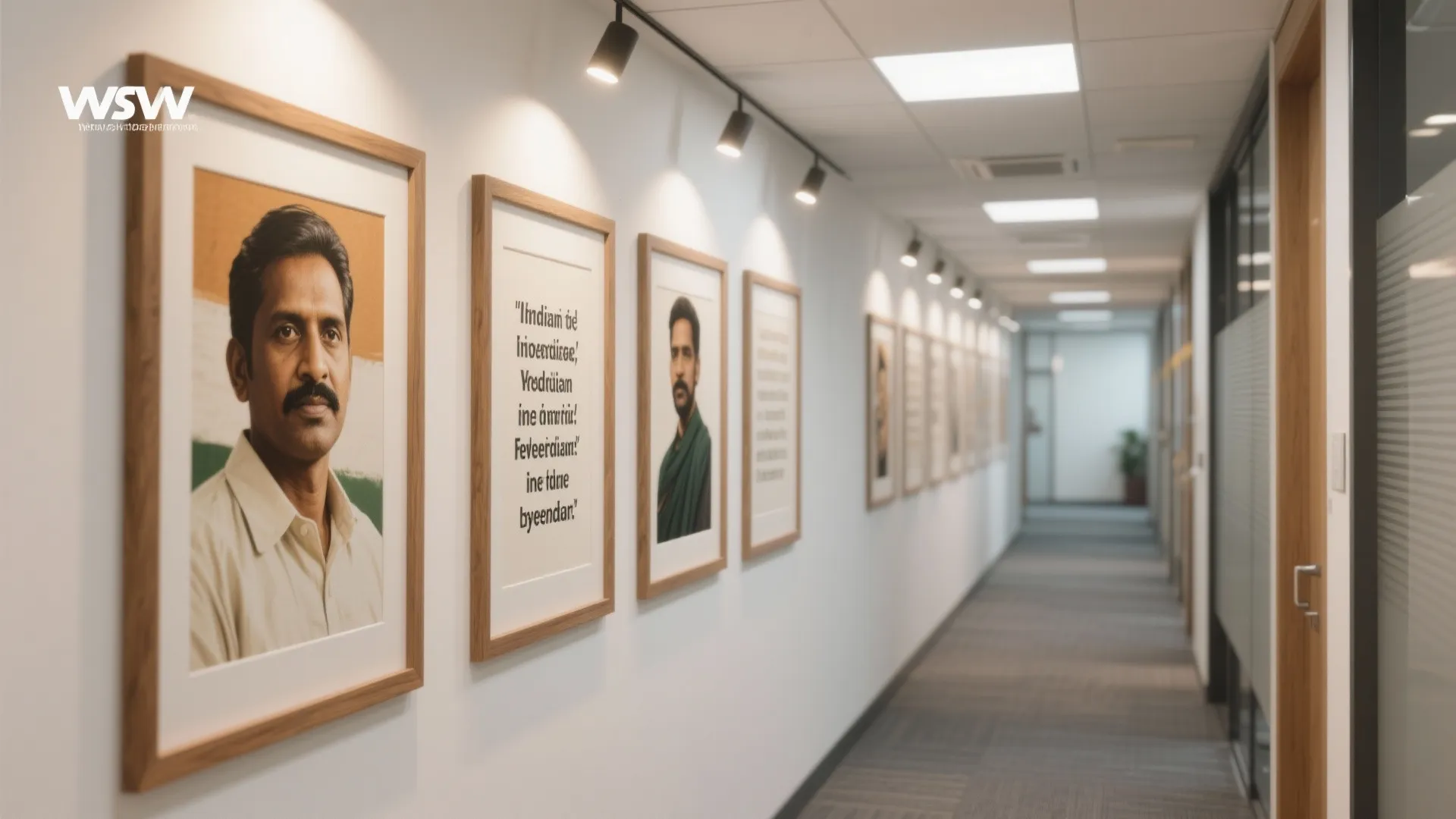 Modern office hallway with framed pictures on the white wall under several black wall lights