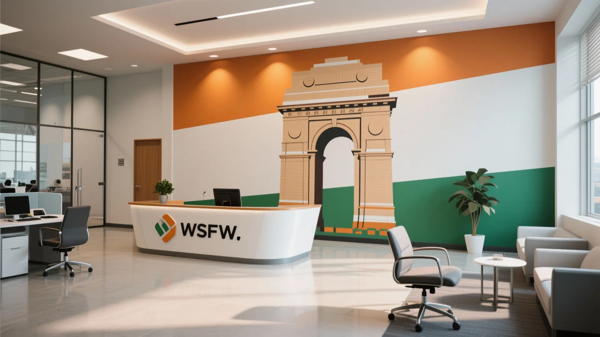 Office reception area with large India gate wall mural and flag colors on the wall