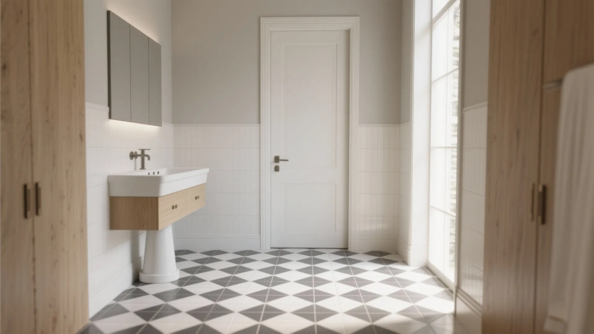 Bathroom interior featuring white door and tiled floor with grey and white diamond pattern design