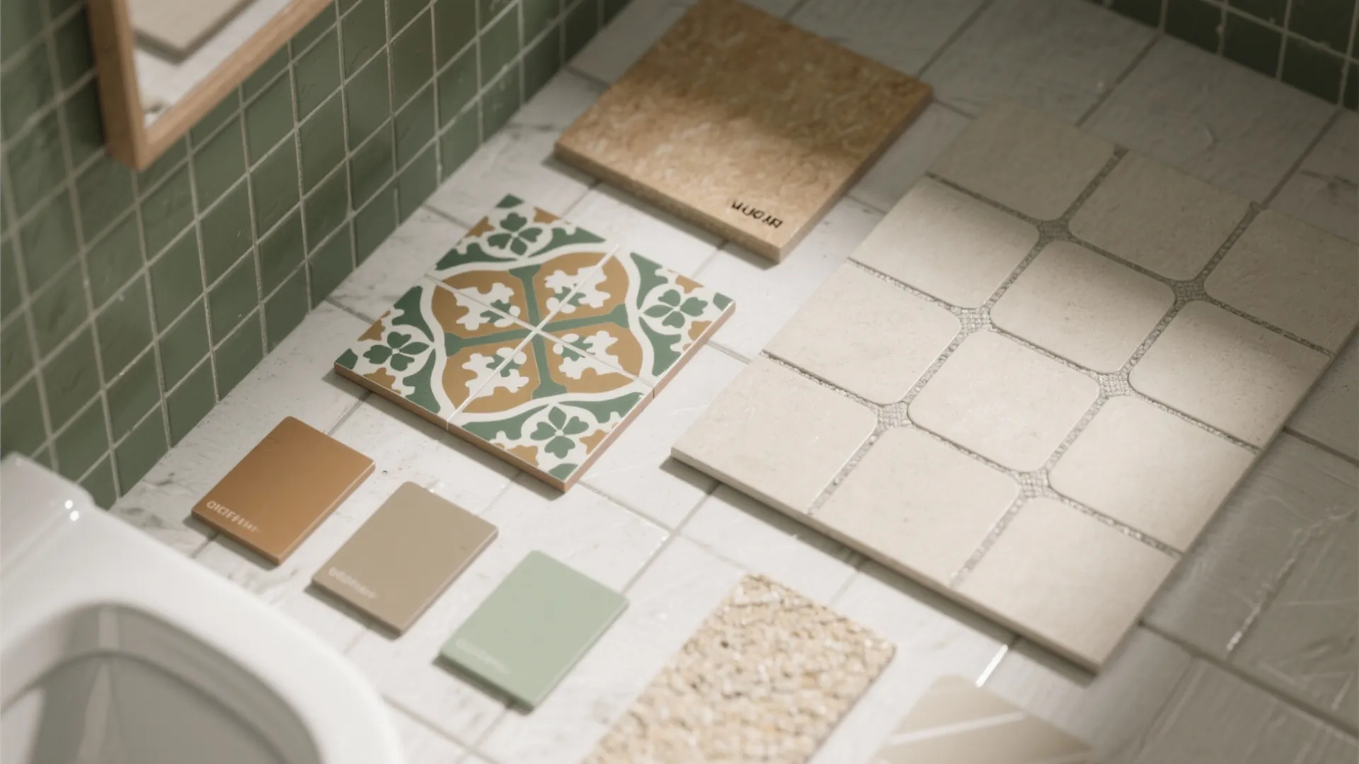 Interior design material selection with patterned floor tiles color samples and stone finishes on marble surface