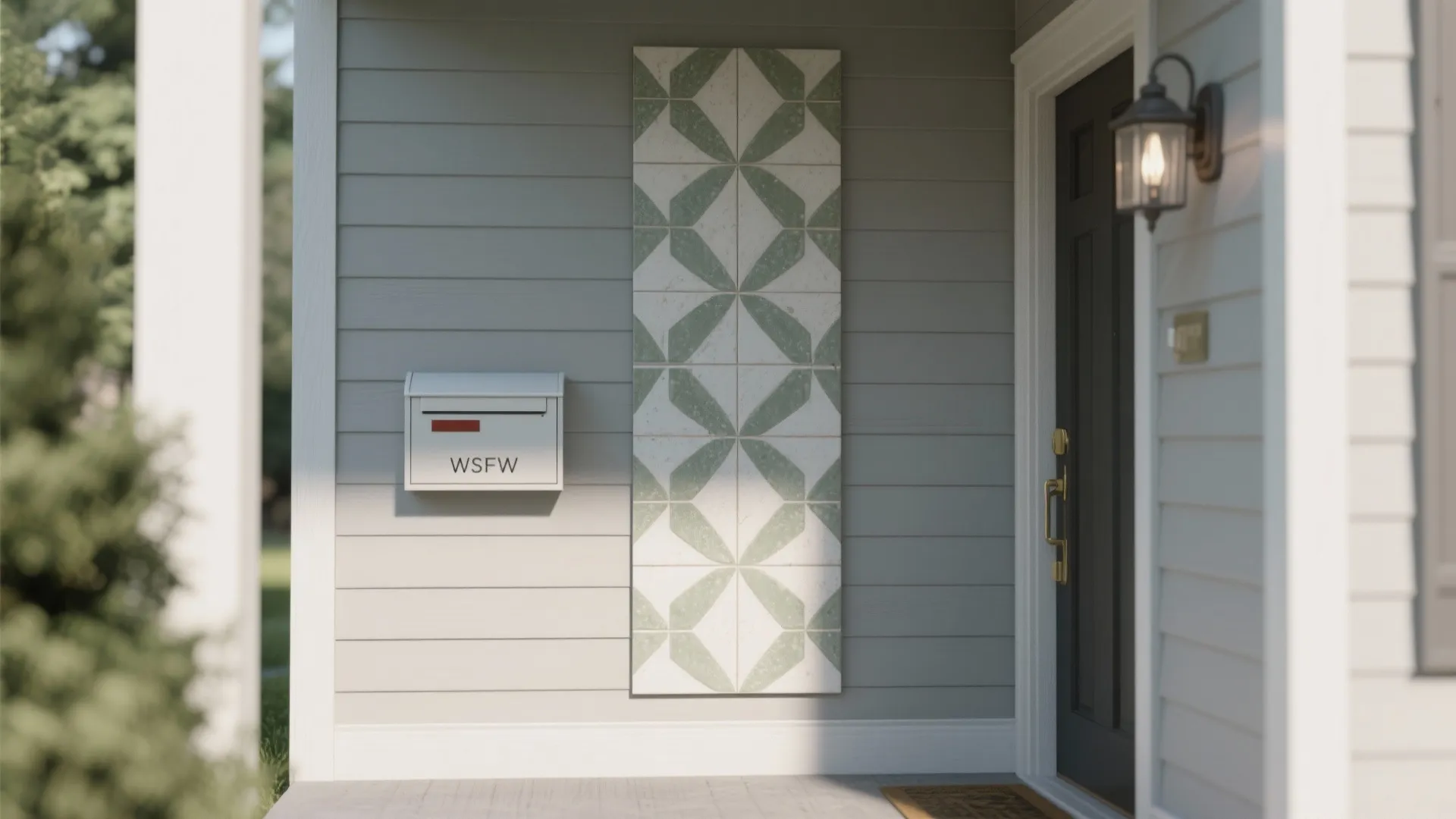House entrance with green pattern wall tiles white mailbox black door and one wall light