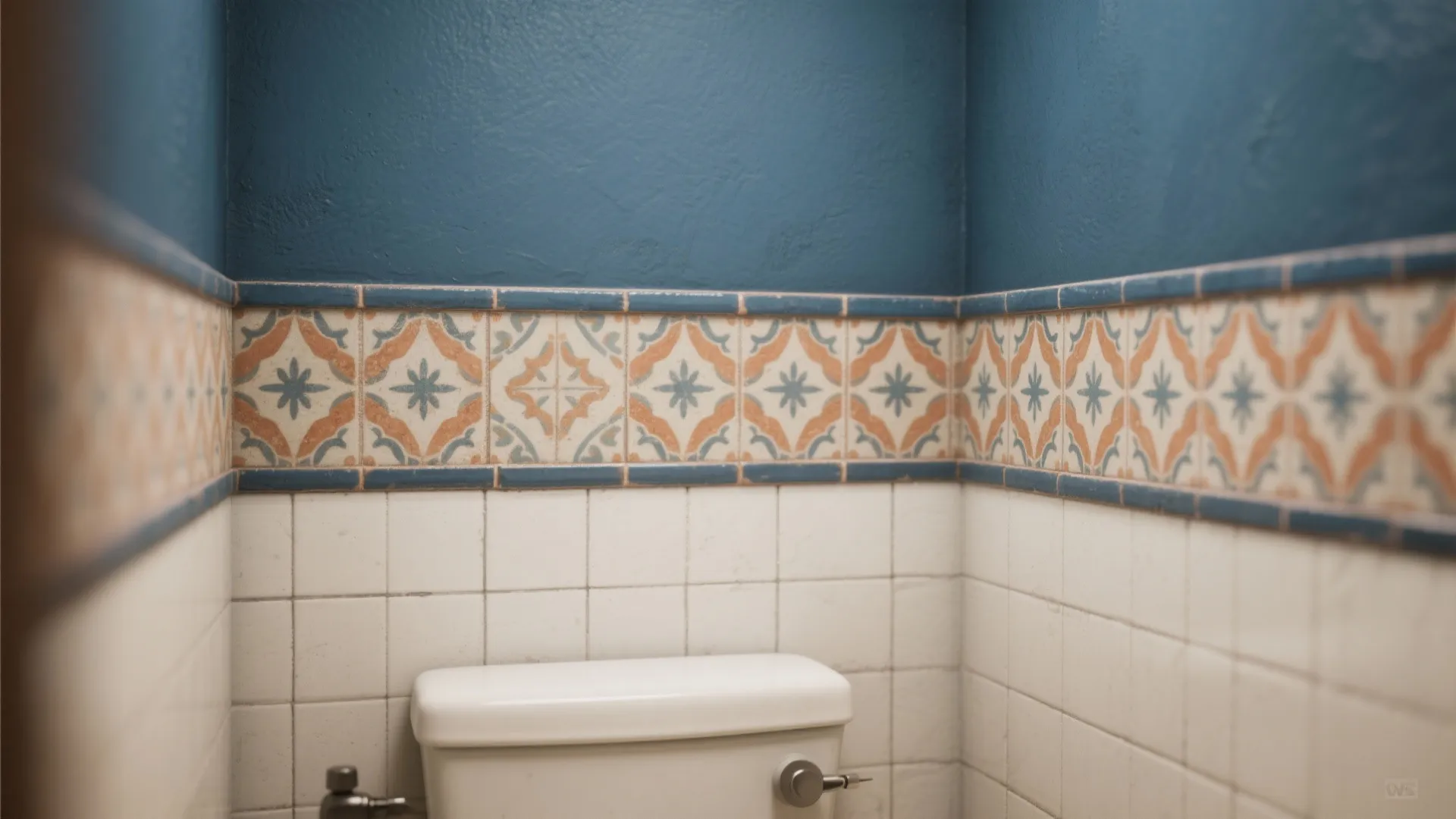 Blue bathroom wall featuring decorative pattern tiles above white square tiles behind a white toilet
