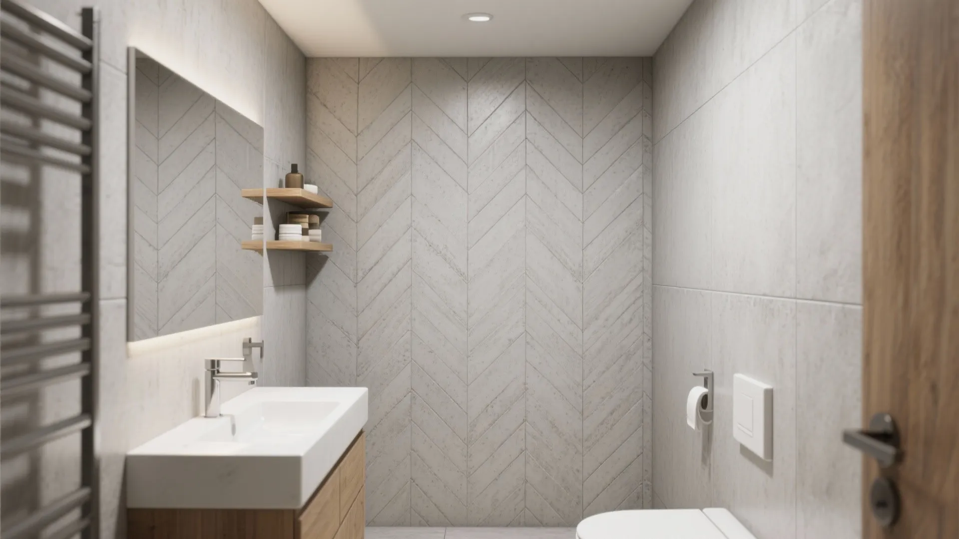 Concrete-look bathroom with a herringbone accent wall at the vanity and cohesive soft-gray surfaces.